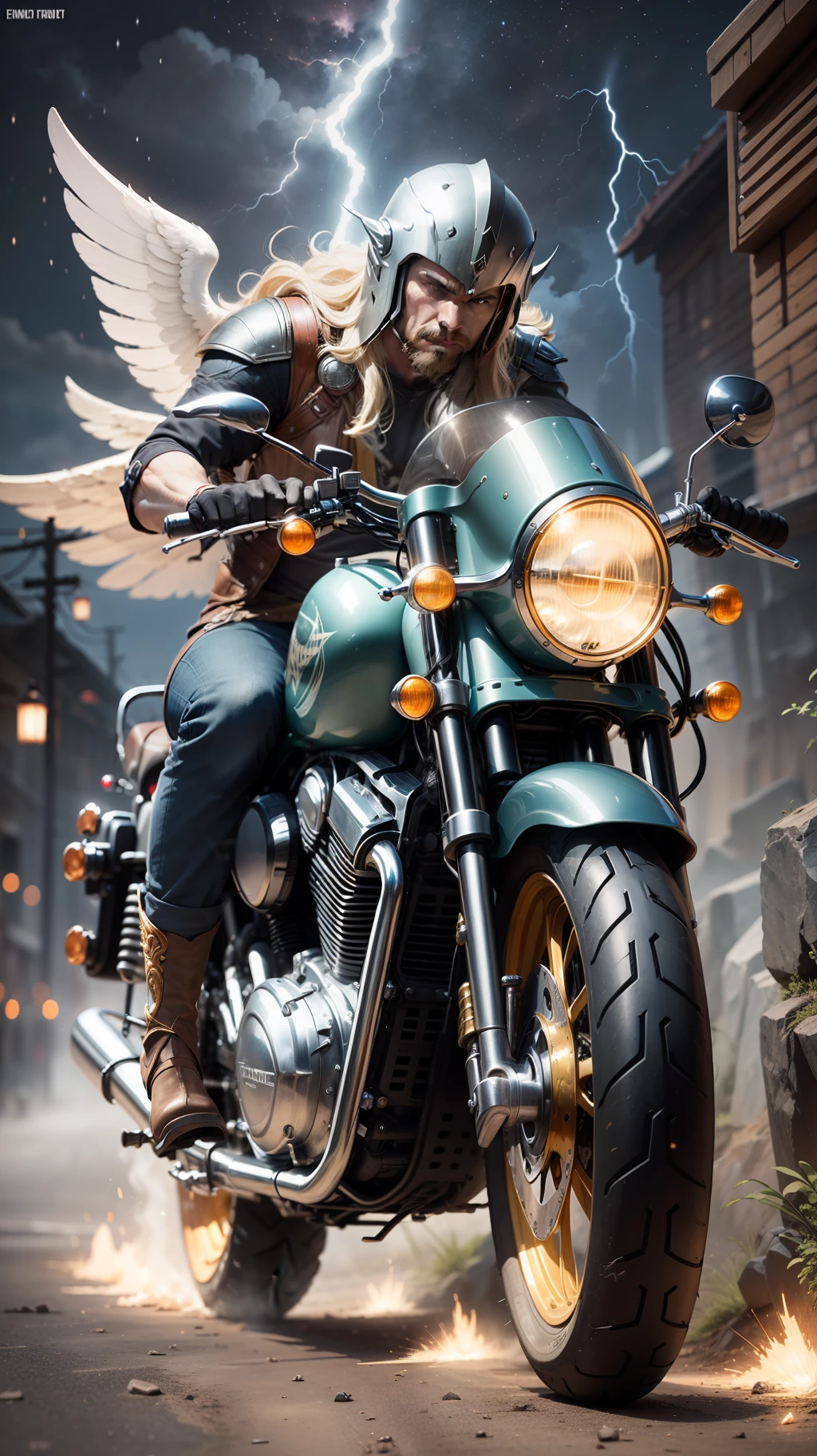 Thor's Motorcycle: A masterpiece of divine craftsmanship and power, the motorcycle inspired by the mighty God of Thunder. Its design mirrors the regal and fierce essence of Thor himself.
The motorcycle's body is a blend of sleek curves and sharp angles, resembling the form of Mjölnir, Thor's legendary hammer. Its golden finish shimmers with an otherworldly glow, reflecting its divine origins.
At the front, the motorcycle features a distinctive headlight in the shape of Thor's iconic winged helmet, emitting a radiant light that pierces through the darkness like lightning. The handlebars are adorned with intricate engravings, depicting ancient Norse symbols, paying tribute to Thor's heritage.
As the motorcycle accelerates, thunderous roars echo, and the exhaust releases bursts of sparks, evoking the power of lightning and thunder. When it comes to a stop, the tires seem to leave a trail of stars behind, symbolizing the celestial realm from which Thor hails.
Riding this awe-inspiring motorcycle, one feels the might and majesty of Thor coursing through their veins. It becomes more than just a vehicle; it becomes a symbol of strength, protection, and a connection to the divine