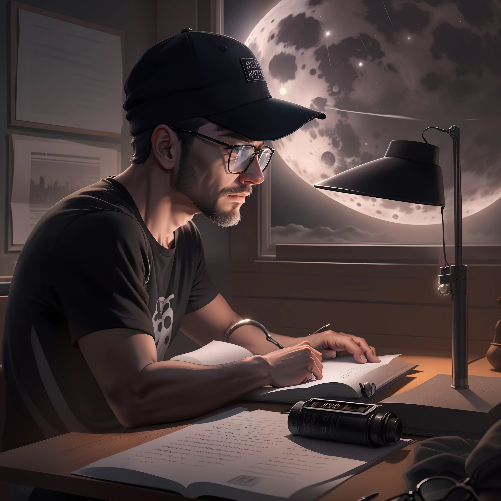 black T-shirt print, man in prescription glasses and black cap writing a poem on a desk, on a full moon night seen from his room, Realistic image