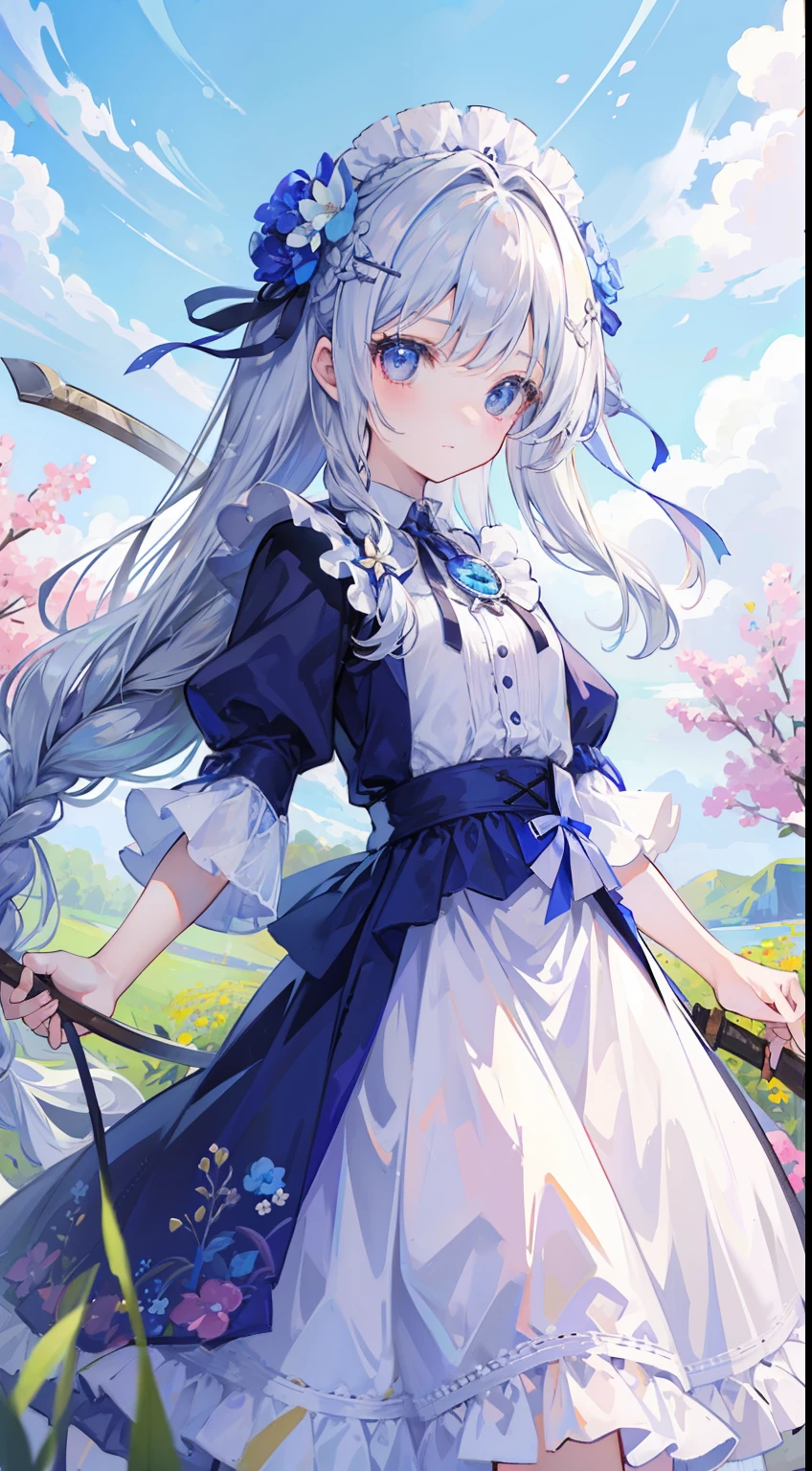 One girl、​masterpiece、top-quality、Top image quality、cute little、silber hair、Long、French braids、Floral hair ornament、flowerfield background、Have an ax、Axe with ribbon、A slight smil、blue-sky、Beautiful sky