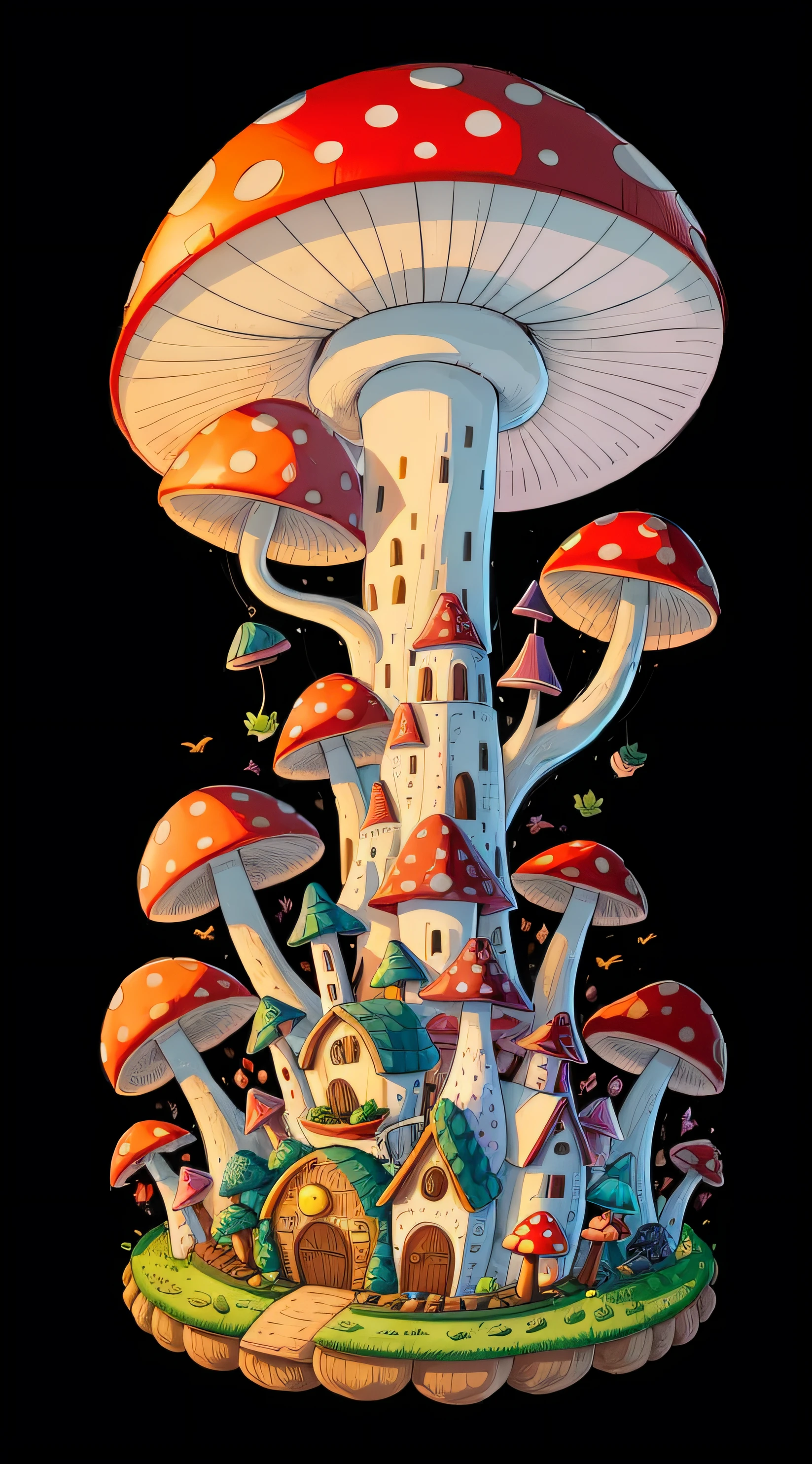 There is a drawing of a city of a giant mushroom with a lot of fruits and vegetables. Cada fruta e verdura tem uma janela, cada janela tem uma luz acesa. desenho em grafite, preto e branco, 8k, alta resolução. --auto
