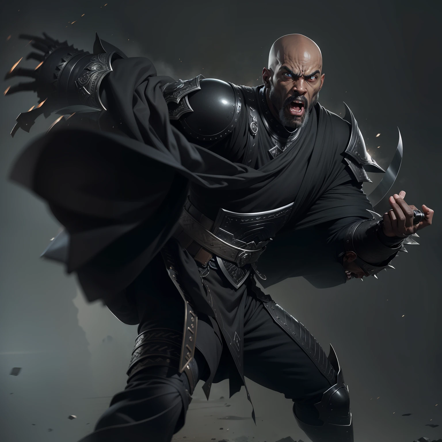 realistic image of a bald black man, 40 years old, tall and strong, ultra-detailed black eyes, furious expression, dressed in black RPG warrior costume and with silver shoulder pads, attacking with a high kick