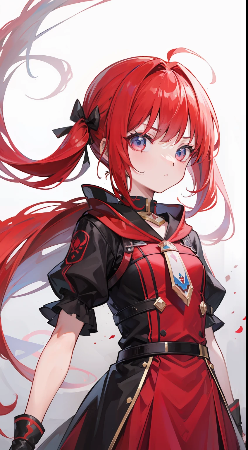 One girl、red hairs、battle garments、deadpan、fight、magic sword、masterpiece、top-quality、Top image quality、cute little、Twin-tailed、Background of the battle、battle field、magia、
