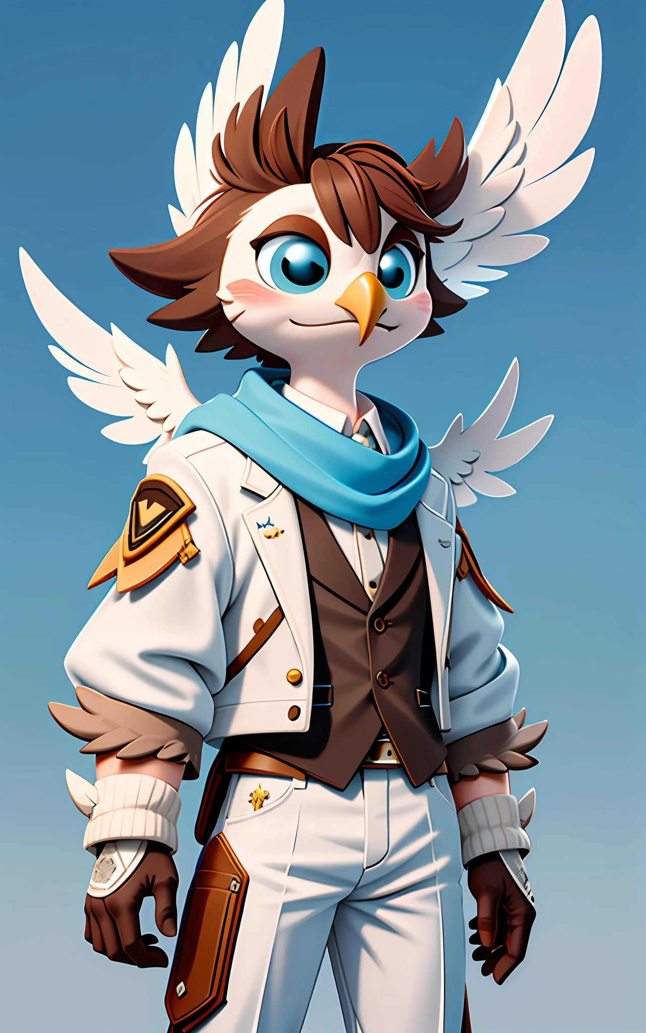 Osprey, anthropomorphic bird, kawaii style, white and brown feathers, spiked brown hair tipped with white, white and brown angel wings, dressed in white and blue jacket with a brown scarf and white pants. Earth of God, Masterpiece, Best Quality