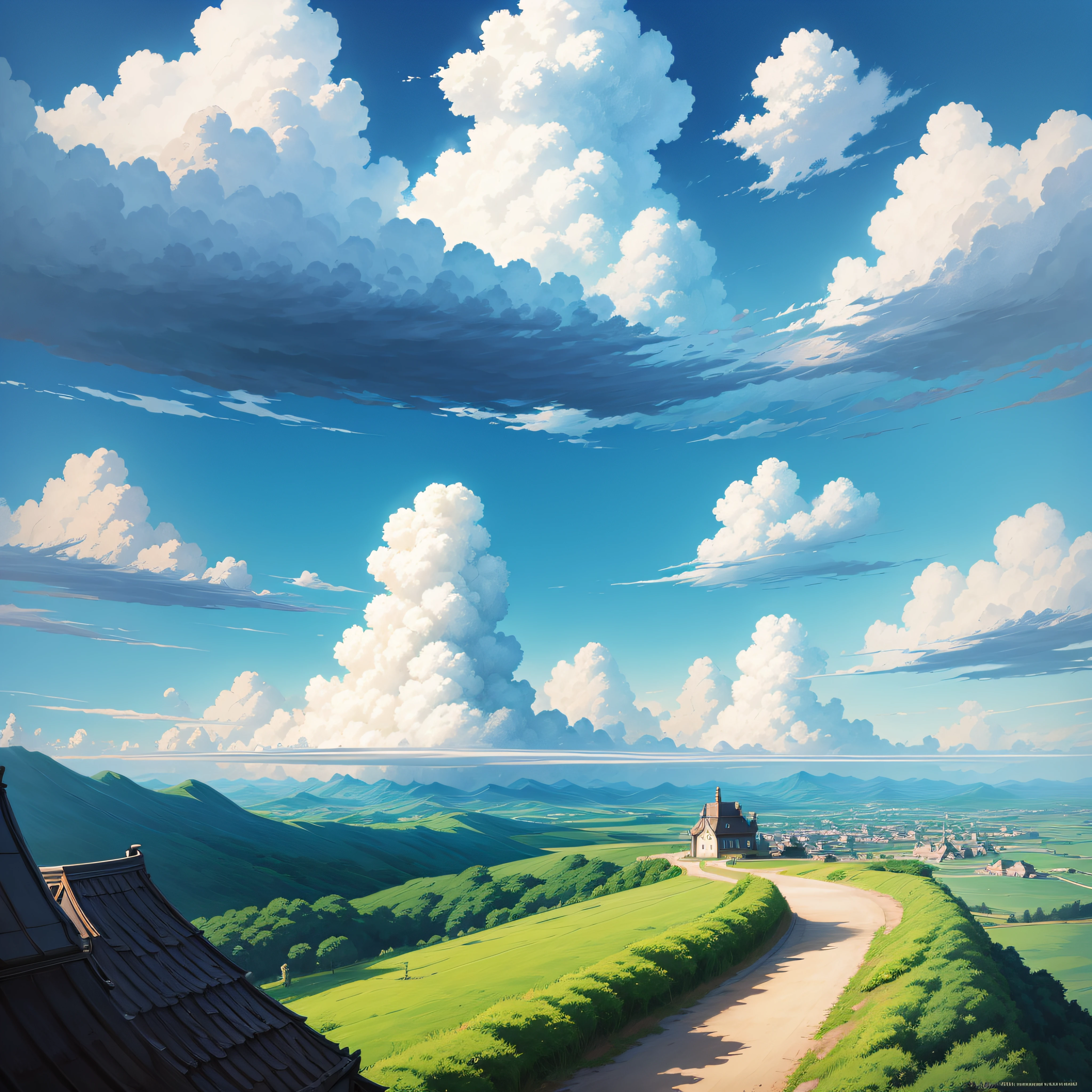 animesque、Sky landscape with clouds、Studio Ghibli、Ghibli、Scenery、Style、Art styles、 --auto