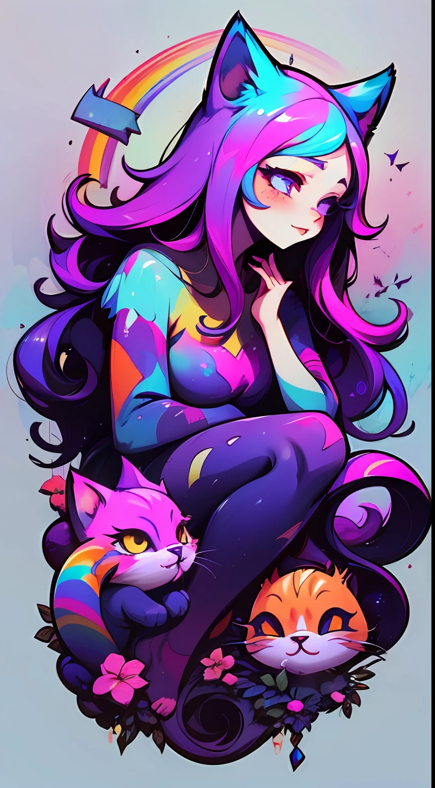 adesivo, fundo simples, girl with long hair, beautiful cat girl, kitty aesthetic, beautiful girl, very beautiful fantasy art, beautiful and elegant female kitty, beautiful detailed fantasy, raibow color palate, rainbow color-theme