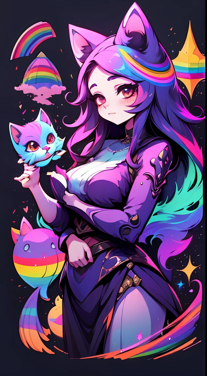 adesivo, fundo simples, girl with long hair, beautiful cat girl, kitty aesthetic, beautiful girl, very beautiful fantasy art, beautiful and elegant female kitty, beautiful detailed fantasy, raibow color palate, rainbow color-theme