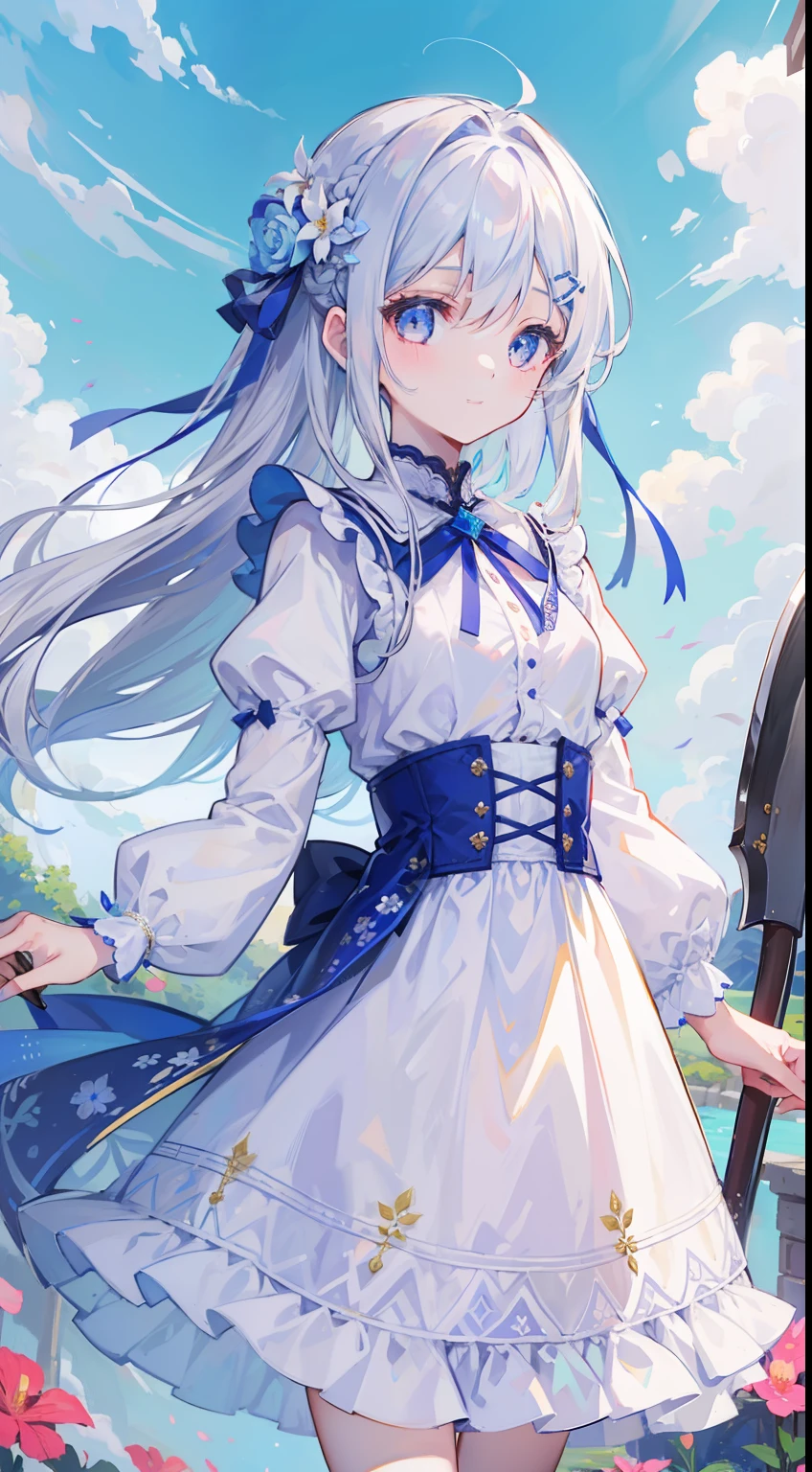 One girl、masterpiece、top-quality、Top image quality、cute little、silber hair、Long、French braids、Floral hair ornament、flowerfield background、Have an ax、Axe with ribbon、A slight smil、blue-sky、Beautiful sky