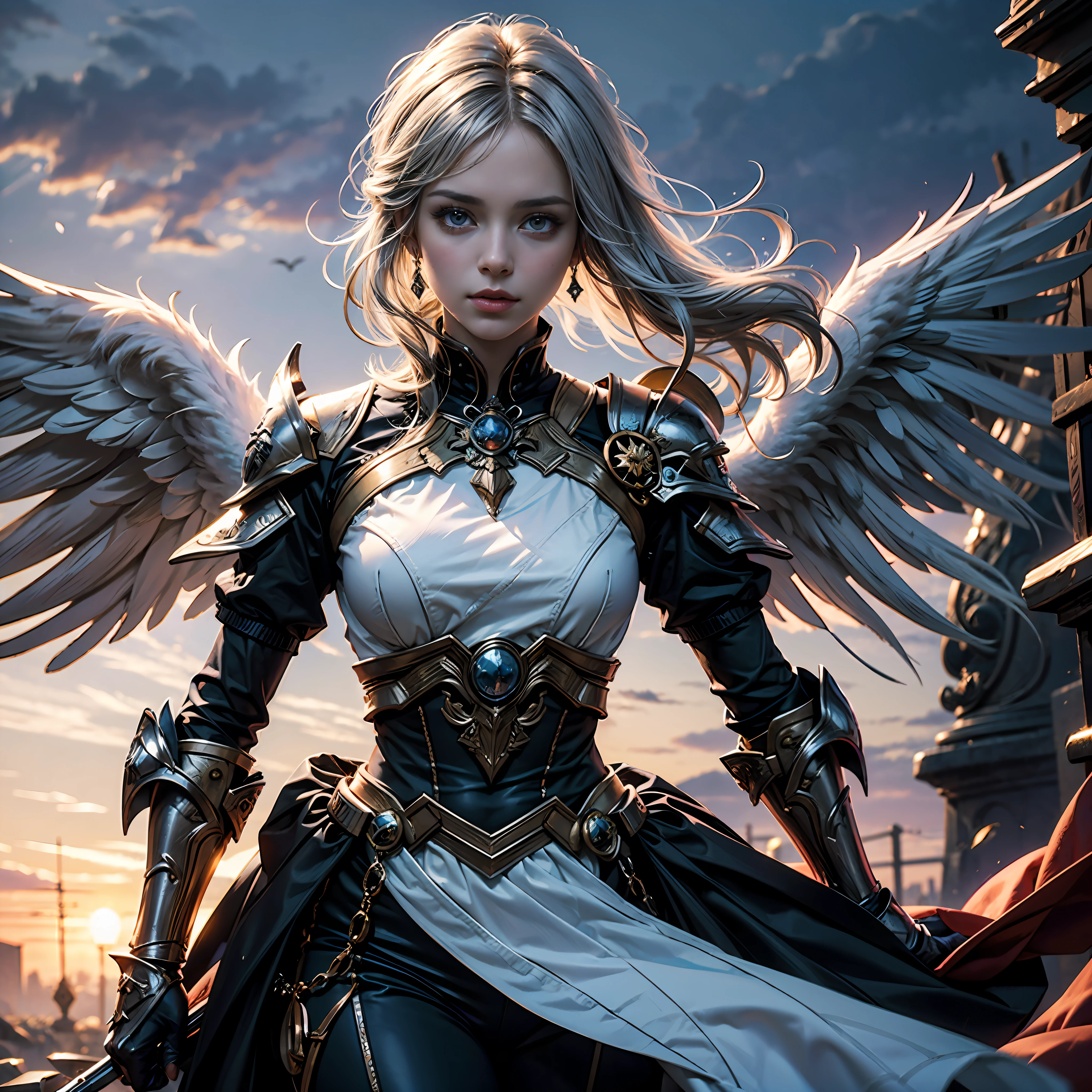 (beautiful female angel:1.5),(Short silver-white hair:1.5),Belle peinture de personnage,Stunning character art,legion of heaven, Purple and silver armor,Purple long-sleeved dress,defender of faith,god light,(tmasterpiece:1.4),(best qualtiy:1.4),(Beautiful angel girl,Super detailed face, Hair is scattered,(angel wing: 1.4),(full bodyesbian),The sheen, Bokeh, Ultra-detailed RAW photos,best qualtiy),(realisticlying,photograph realistic:1.3),best qualtiy,highly detailed,tmasterpiece,Hyper-detailing,illustratio,dynamic angle,World-class masterpieces,best qualtiy,extremaly detailed cg,8k wallpaper,cinmatic lighting,Bokeh,author(James S. c. Christensen:1.2|JeremyLipking:1.1)
