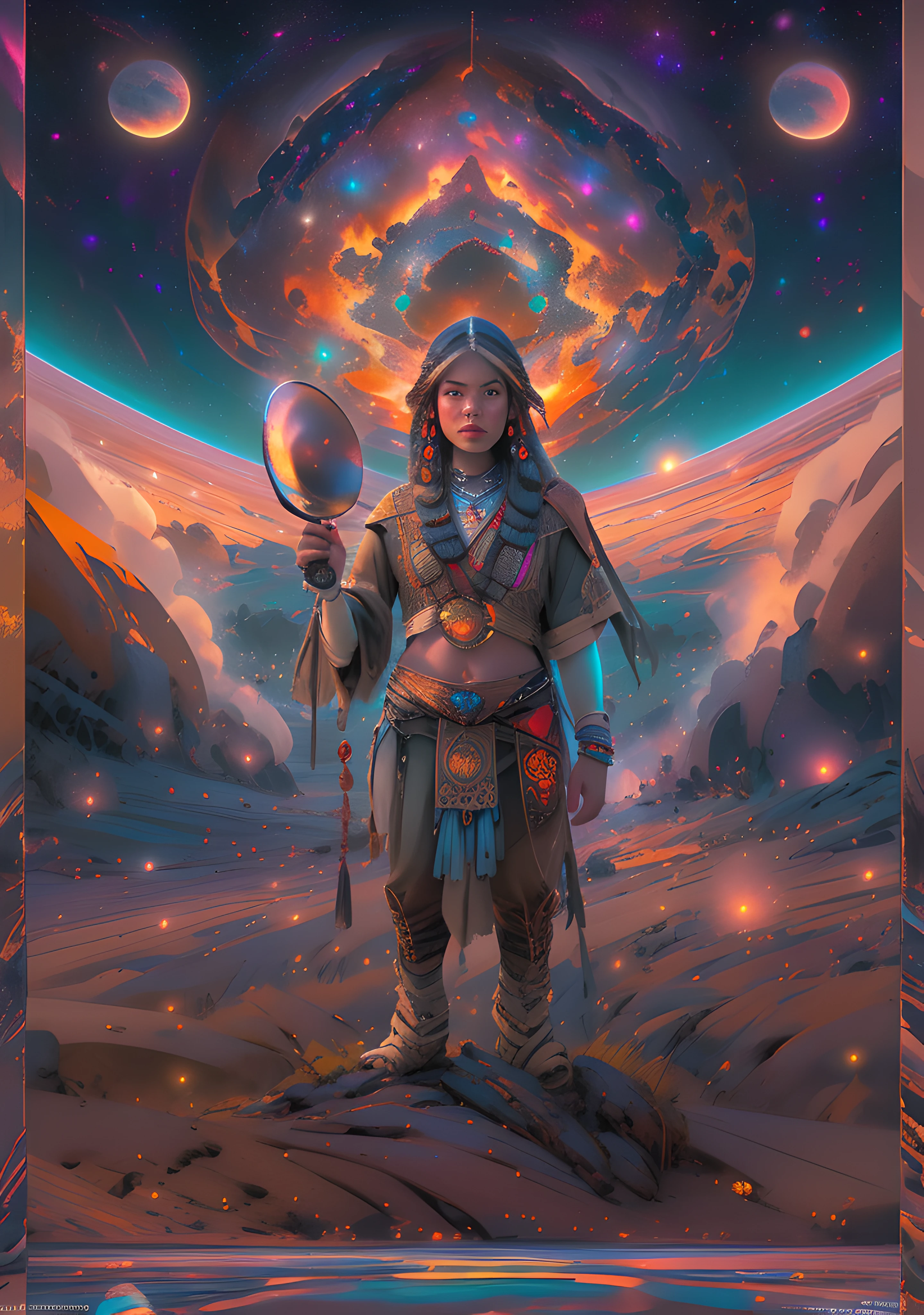 (High resolution, incredibly detailed, masterpiece), portrait of a native american shaman with galaxy in one hand, whole body posture,starry sky,wilderness,featuring fractal geometry in (vibrant colors:0.8), set against a (galactic background:1.2), bringing together complex, mesmerizing shapes and patterns.dmt ., soft cinematic light, adobe lightroom, photolab, hdr, intricate, highly detailed, (depth of field:1.4), faded, (neutral colors:1.2), (hdr:1.4), (muted colors:1.2), hyperdetailed, (artstation:1.4), cinematic, warm lights, dramatic light, (intricate details:1.1), complex background, (rutkowski:0.66), (teal and orange:0.4)
