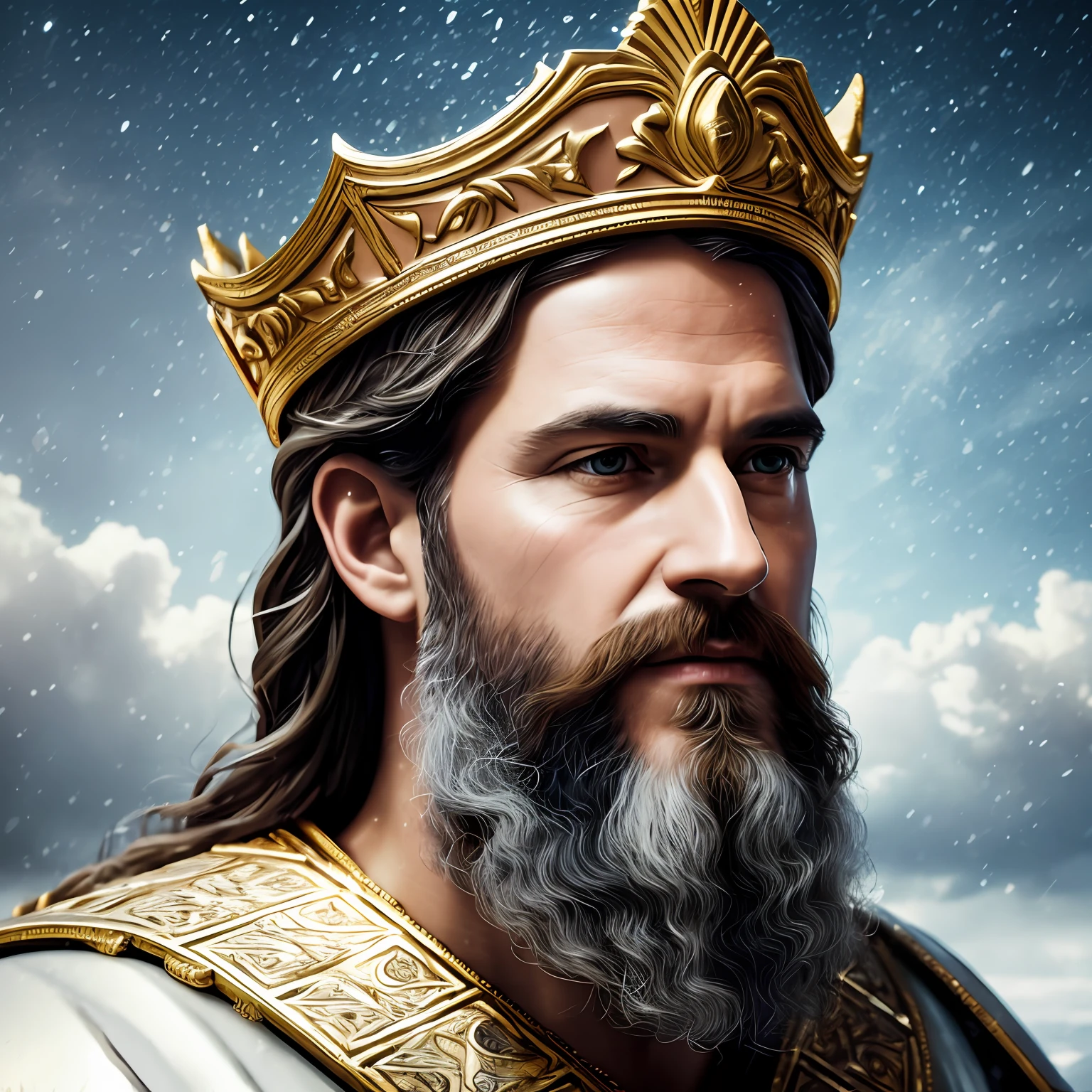 Biblical portrait of King David, film lighting, depth of field, bokeh, realism, surrealism, professional photography, uhd, dslr, hdr, soft and dreamy 8mm lens.
     soft snow sky. It uses 8K high definition. Art style Greg Rutkowski, Android Jones, Tamsyn. Highly detailed surreal, cinematic and octane renderings. --auto