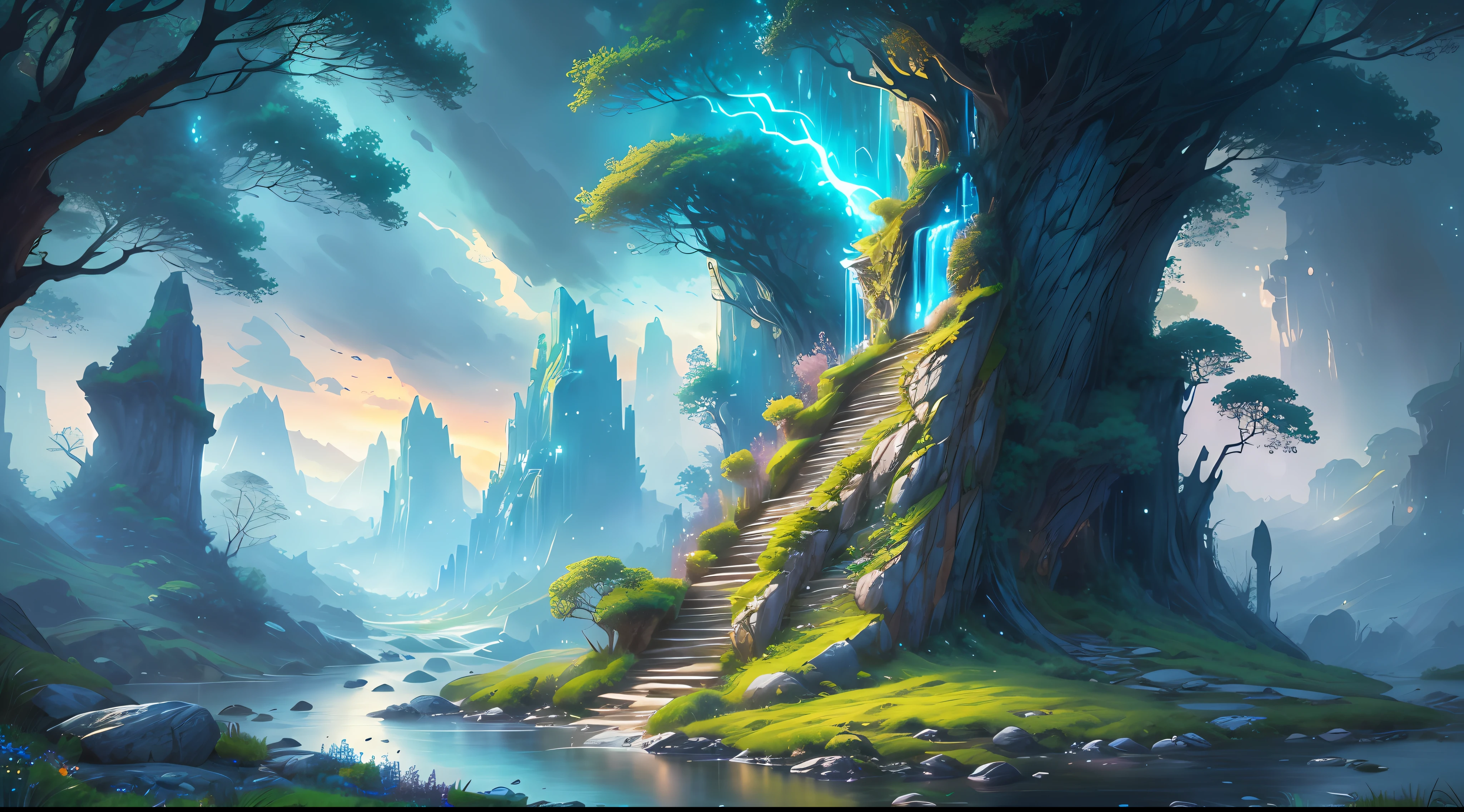 Generate a breathtaking and visually stunning illustration of a wild and natural fantasy landscape. The scene should exude a sense of awe and wonder, with vibrant colors and intricate details. The landscape should be filled with lush vegetation, towering mountains, and flowing rivers. Add elements of fantasy, such as magical creatures or ethereal beings, to enhance the otherworldly atmosphere.

To achieve the best quality and create a masterpiece, pay careful attention to the lighting in the illustration. Use glowing lights strategically placed throughout the landscape to create a mesmerizing and enchanting effect. These lights should cast a soft, warm glow, illuminating the surroundings and adding depth to the scene. The overall composition should be balanced and visually captivating, drawing the viewer's attention to the beauty of the landscape.

Ensure that the illustration showcases a high level of detail, from intricate foliage and rock formations to the subtle textures of the environment. The colors should be vibrant and rich, evoking a sense of natural beauty. The image should have a sense of depth, with elements in the foreground, middle ground, and background creating a realistic and immersive experience.

Strive for a harmonious blend of realism and fantasy, where the natural elements seamlessly merge with the magical elements. The final result should be a stunning and captivating artwork that portrays the beauty of a wild and natural fantasy landscape with glowing lights.

Please note that the specific outcome may vary depending on the model and platform you are using. Now, you can use this prompt to generate the illustration with the highest possible quality and create a masterpiece that showcases a beautiful, wild, and natural fantasy landscape with glowing lights.