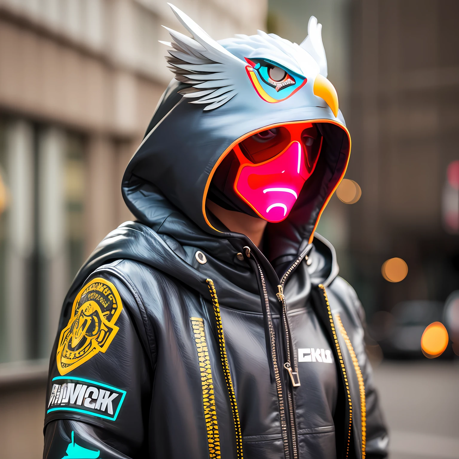 CHARACTER eagle, hooded, cyberpuk, red neon mask --auto --s2