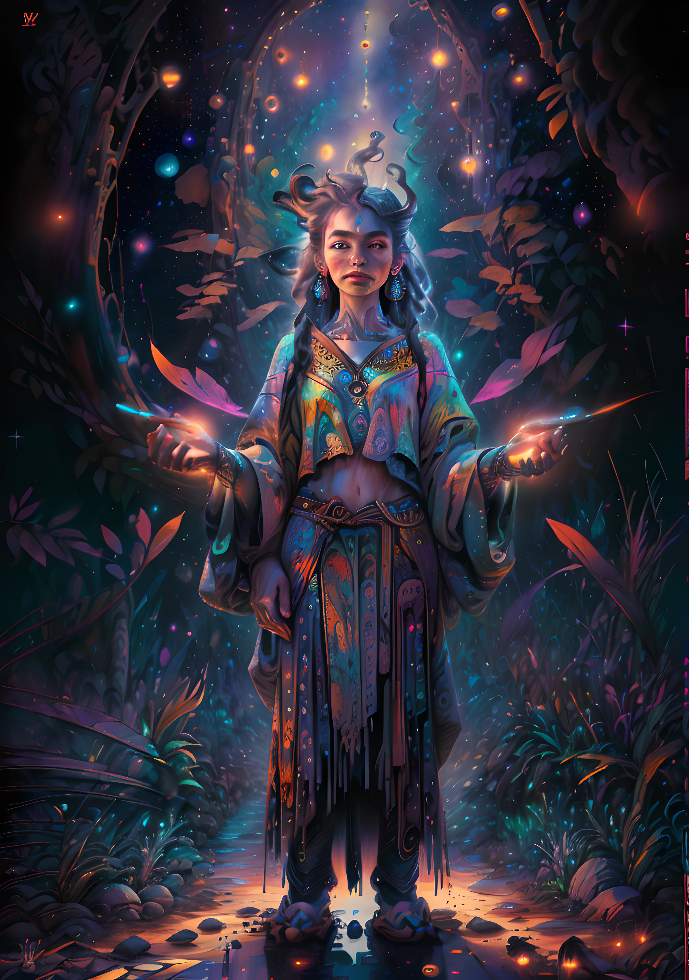 (High resolution, incredibly detailed, masterpiece), portrait of a native american shaman with galaxy in one hand, whole body posture,starry sky,wilderness,featuring fractal geometry in (vibrant colors:0.8), set against a (galactic background:1.2), bringing together complex, mesmerizing shapes and patterns.dmt ., soft cinematic light, adobe lightroom, photolab, hdr, intricate, highly detailed, (depth of field:1.4), faded, (neutral colors:1.2), (hdr:1.4), (muted colors:1.2), hyperdetailed, (artstation:1.4), cinematic, warm lights, dramatic light, (intricate details:1.1), complex background, (rutkowski:0.66), (teal and orange:0.4)