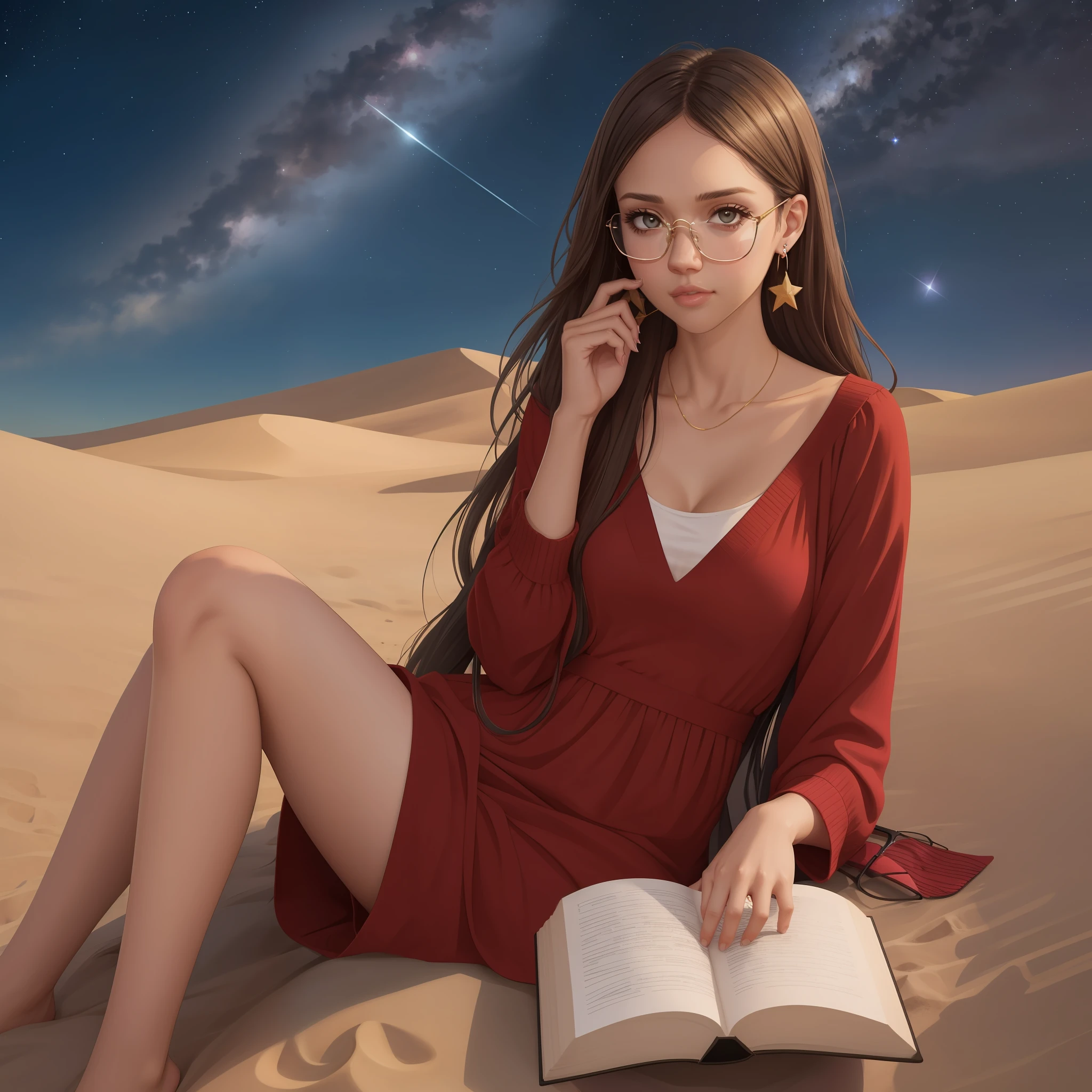 There is a beautiful girl with Jessica alba's face, The girl wears glasses and earrings of luminous stars, The girl is reading a concentrated book, a garota usa blusa de frio com toca, The scenery and a starry desert, --auto