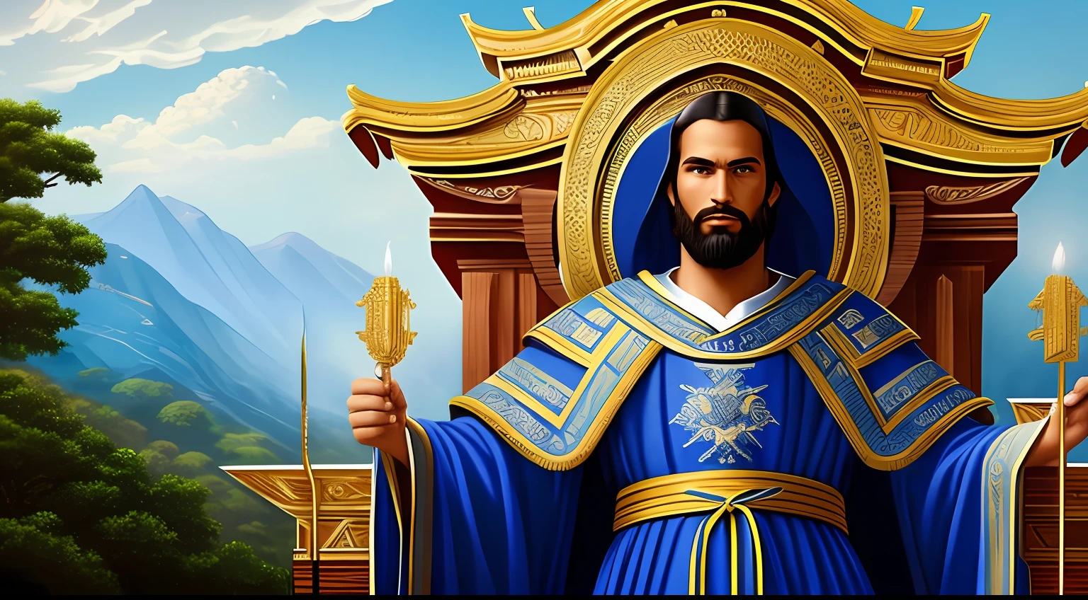 (Man in blue robes of glory, no templo descendo em meio as nuvens, arcanjo miguel jovem, loiro bonito, forte, olhos azuis, com asas de anjo, criador do universo), (anjos, armaduras, espada, asas), artistic, top lighting, hiper-detalhado, hiper-realista, 16K, obra-prima , --auto
