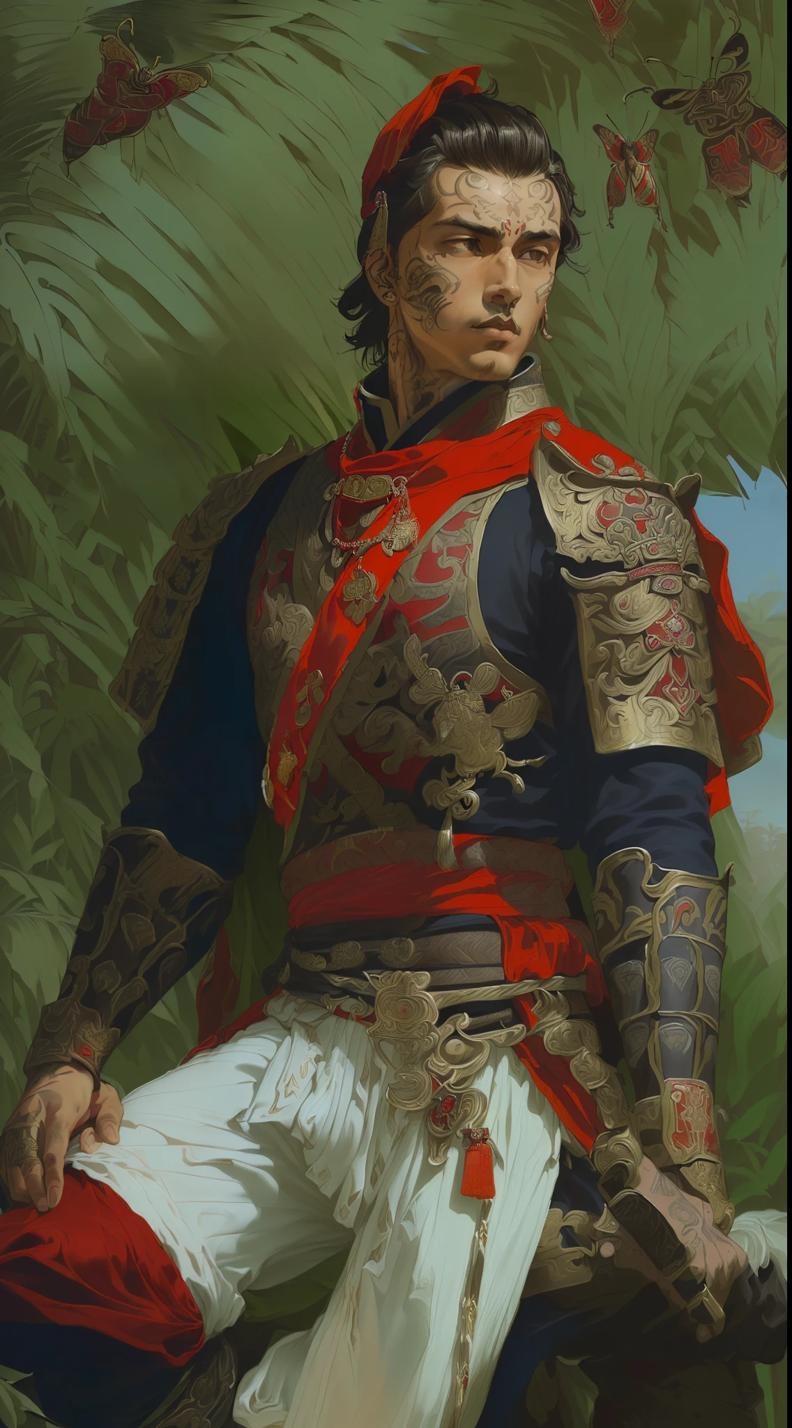 Masterpiece, (realistic), ((by Jacques-Louis David)), ((by J. C. Leyendecker)), ((((half body portrait of young, very brown, leaning, rascal, arrogant, male, villain, roman legionnaire, wearing black and red silken roman uniform with detailed samurai elements, face tattoos, red diamond pendant)))), (((jungle background, moths)))