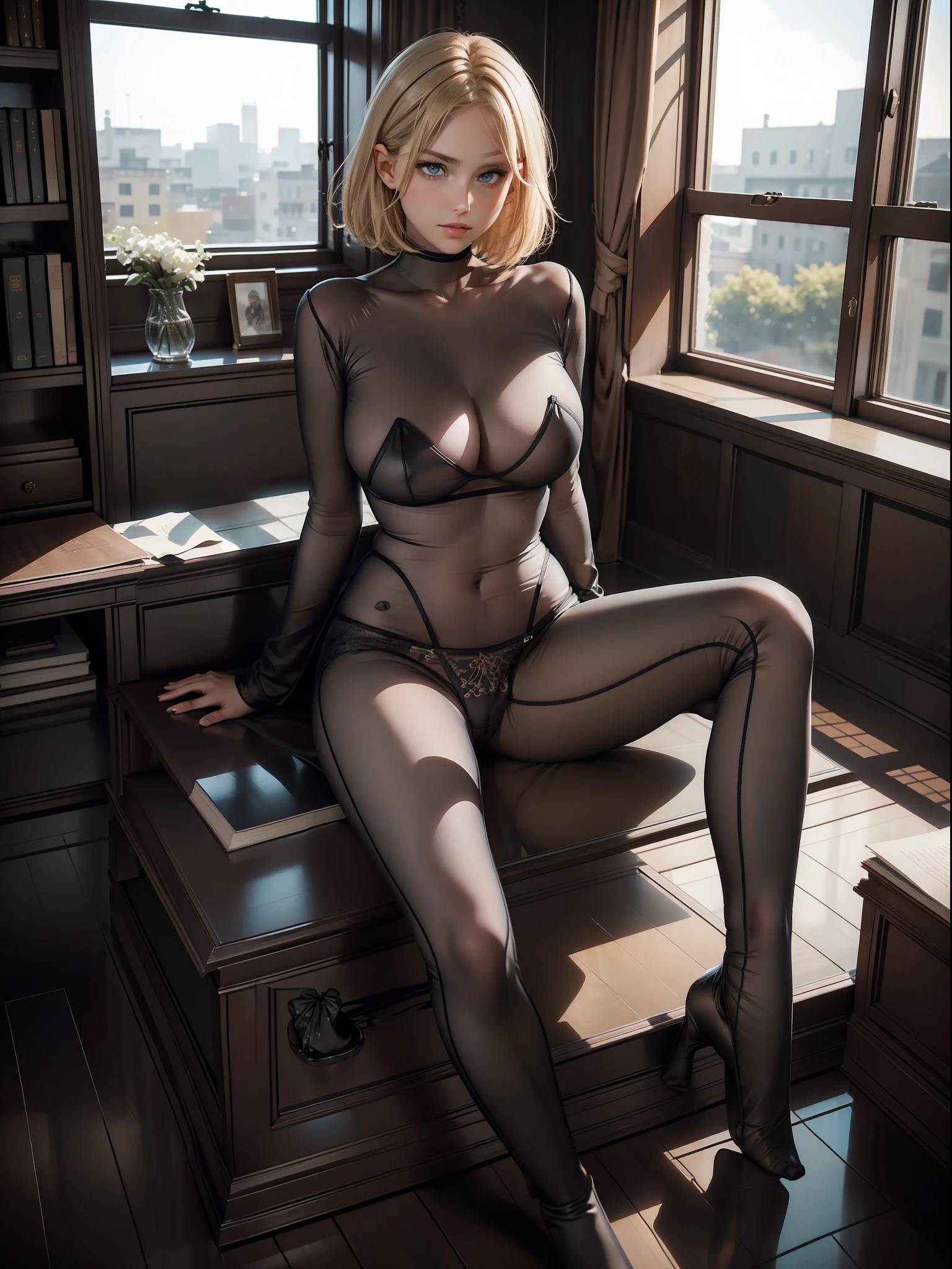 1girl, black see-through bodysuit, (sitting), (large breasts:1.3), black underwear:1.1, short hair, blonde hair, blue eyes,, high leg panties, upper body, (dynamic poses:1.2), indoors, window, book shelf, chandelier, decorations ,