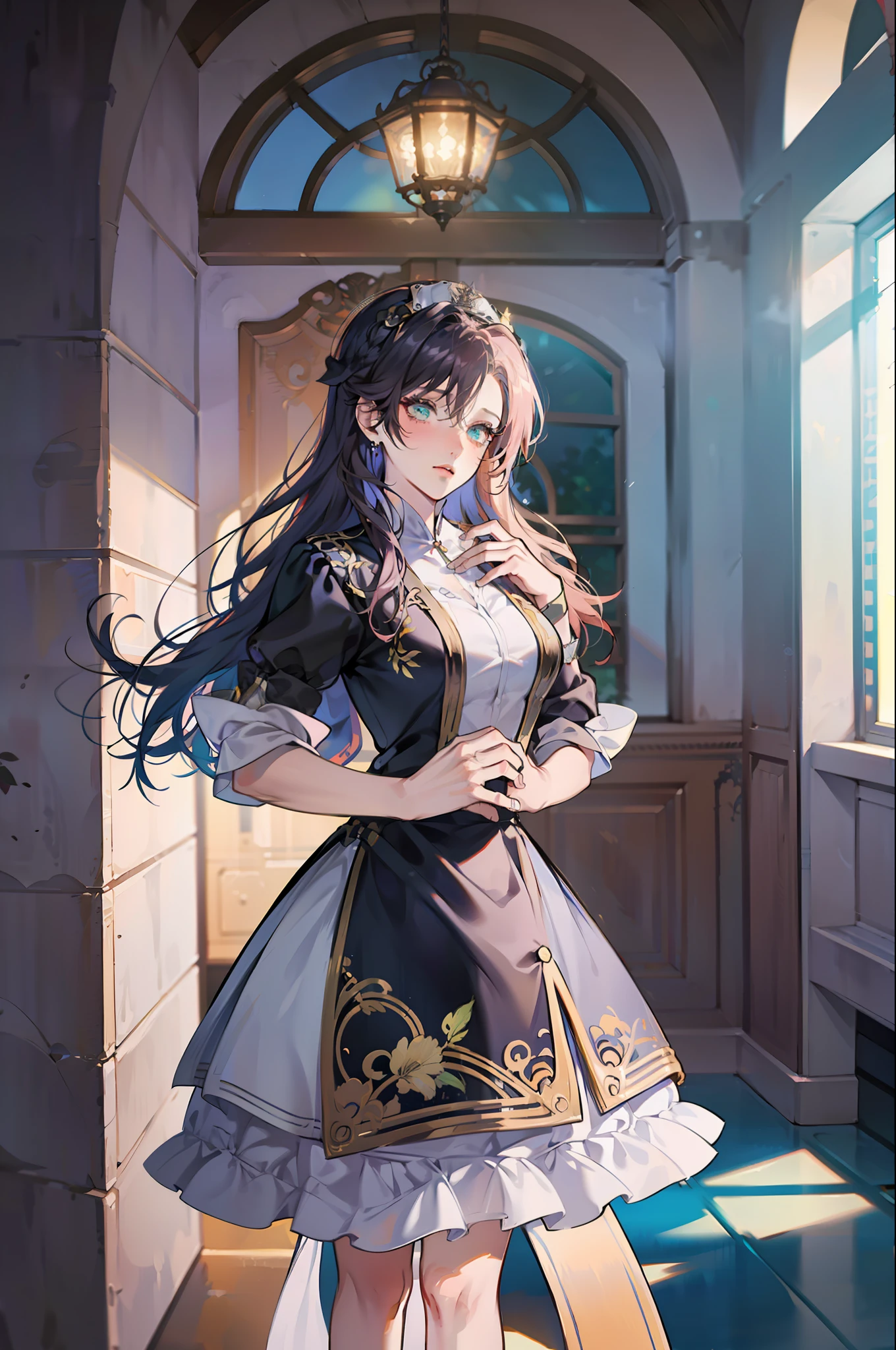anime girl standing with long hair, Clip Studio Paint EX, charlie bowater, fairytale, shabby chic outfit, greek interior design, ludwig mies van der rohe, contemporary architecture --auto --s2