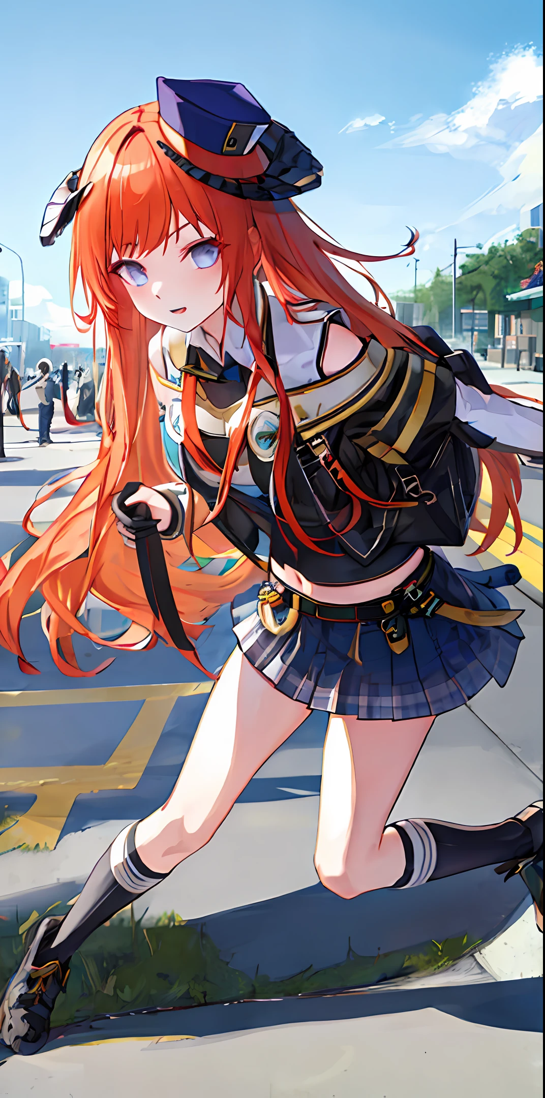 tmasterpiece，white skinned，Female Student，The body faces the audience，Crop topping，Background street，dual horsetail，cropped shoulders，Tsundere，redheadwear，wearing school bag