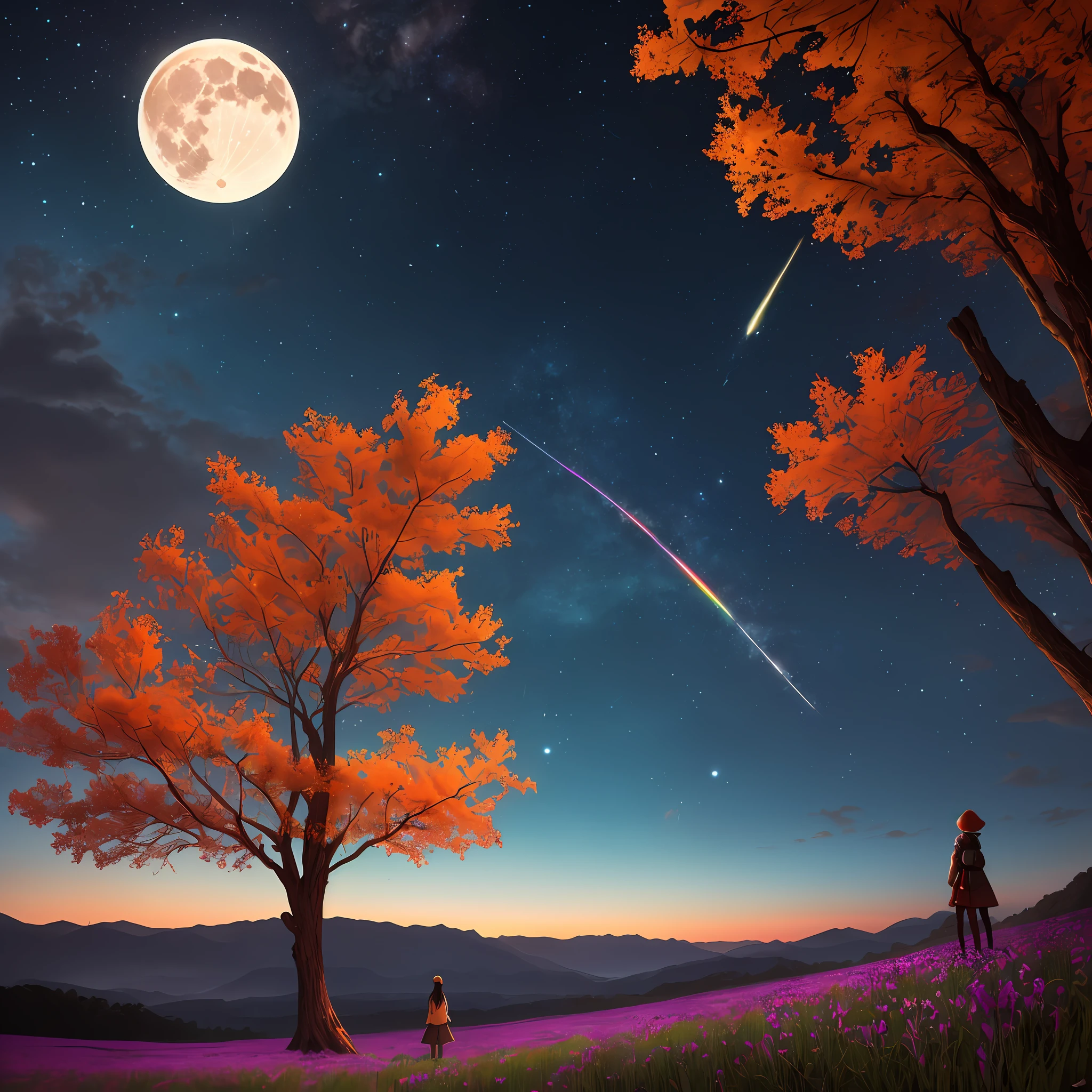 Vast landscape photo, (viewed from below, the sky is above and the open field is below), a girl standing on a flower field looking up, (full moon: 1.2), (meteor: 0.9), (nebula: 1.3), distant mountains , Trees BREAK Crafting Art, (Warm Light: 1.2), (Fireflies: 1.2), Lights, Lots of Purple and Orange, Intricate Details, Volumetric Lighting, Realism BREAK (Masterpiece: 1.2), (Best Quality), 4k, Ultra-Detailed, (Dynamic Composition: 1.4), Very Detailed, Colorful Details, (Rainbow Colors: 1.2), (Glow Lighting, Atmospheric Lighting), Dreamy, Magical, (Solo: 1.2) --auto