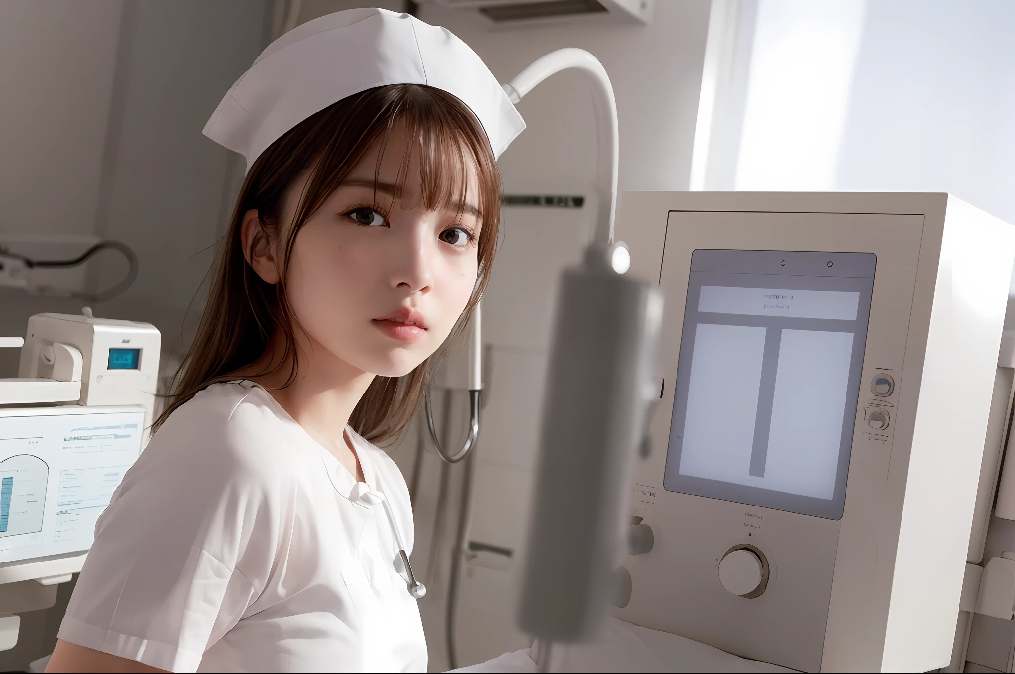 (RAW photo, best quality), (realistic, photo-realistic:1.3), wide angle photo, masterpiece, 1girl, cute, young, (upper body:1.3), realistic face, showing panty inside, standing, diffuse light and create a soft, even glow
in hospital ((operating room)), surgical gloves, medical equipment, anesthesia machine
((((White)))) nurse uniform smooth, nurse, nurse hat, stethoscope ,