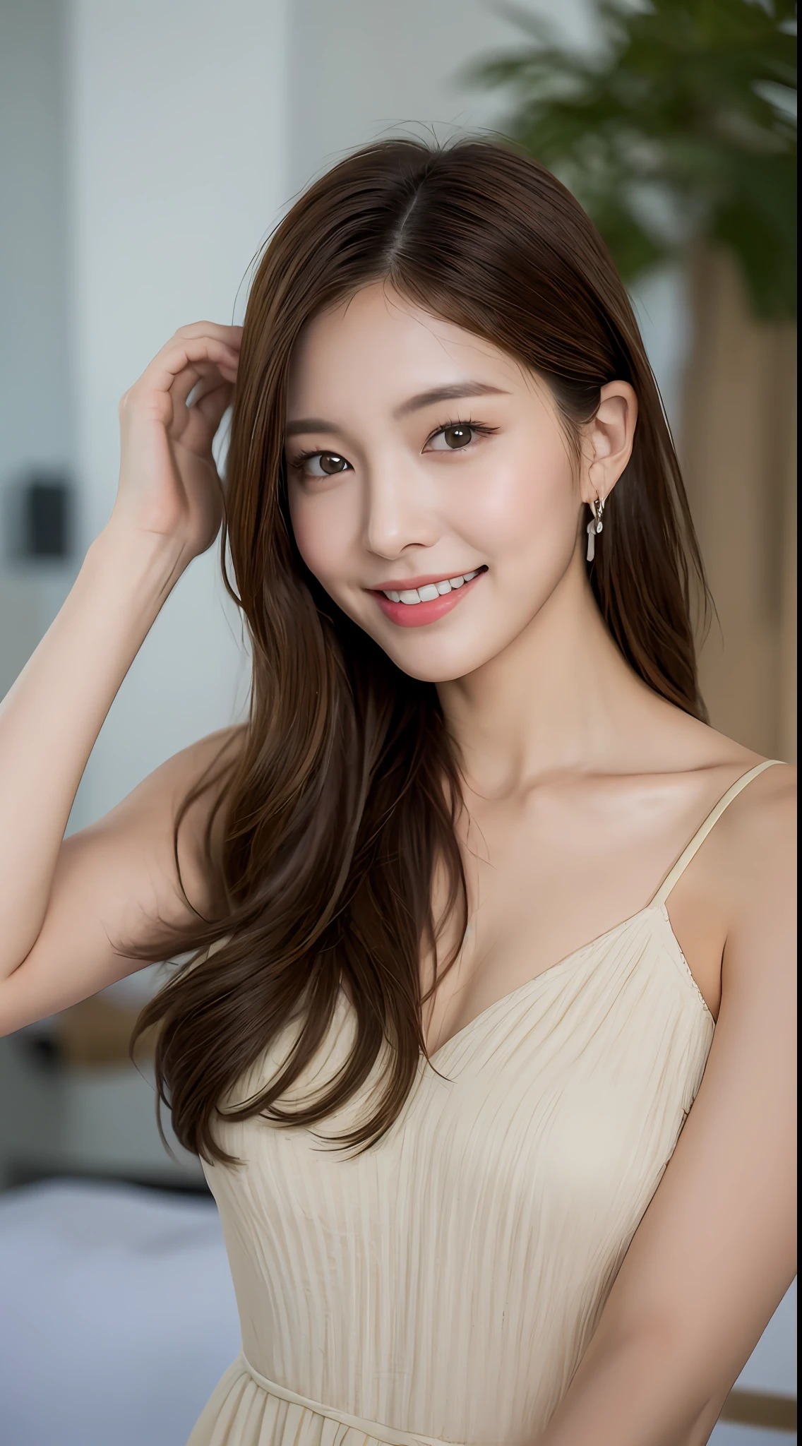 ((Best Quality, 8K, Masterpiece: 1.3)), 1 Girl, Slim Abs Beauty: 1.3, (Hairstyle Brown Hair Shortcut, Big: 1.2), Dress: 1.1, Super Slender Face, Delicate Eyes, Double Eyelids, Smile, Home, Raw Photo