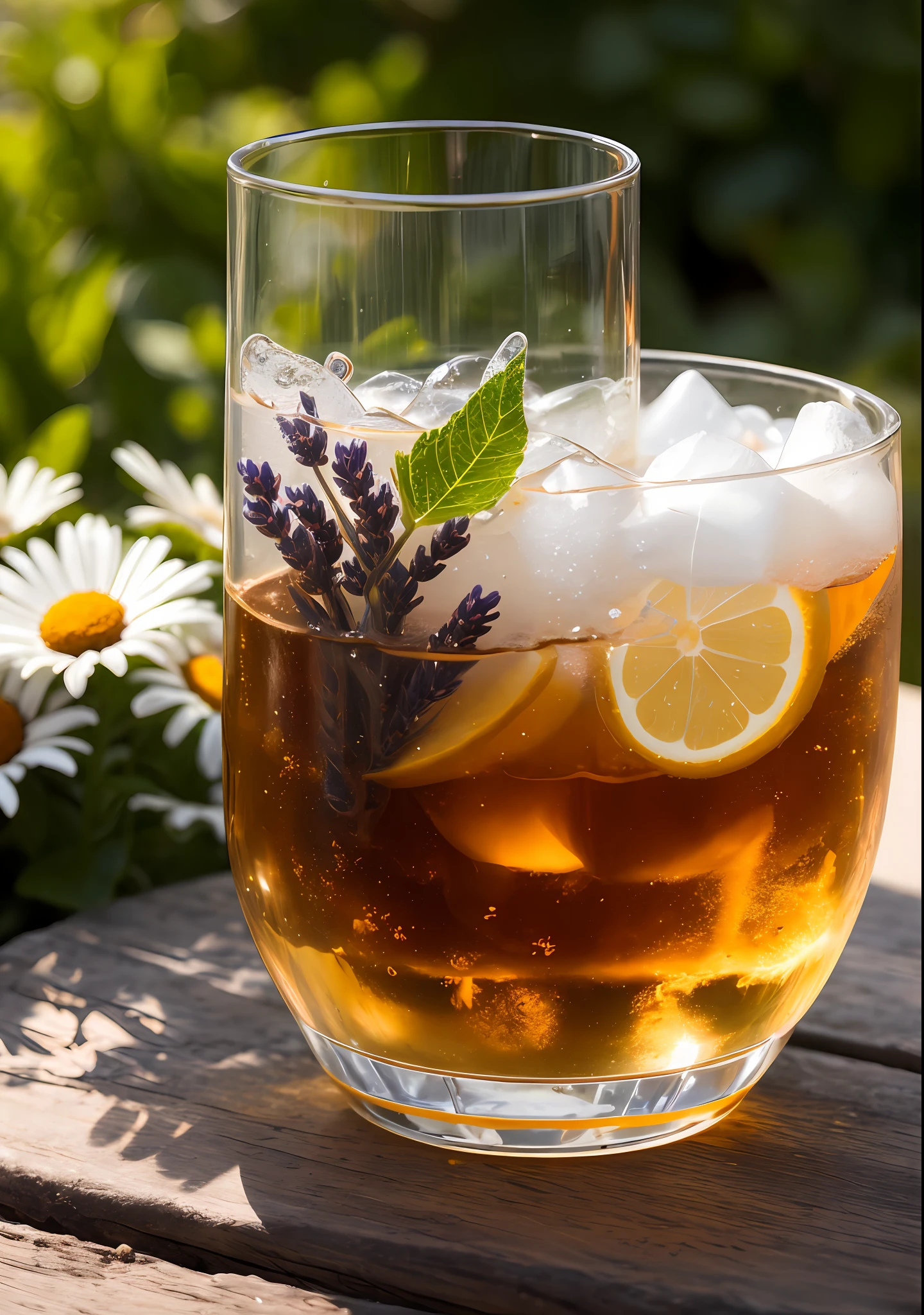 A glass with drops of water filled with carbonated drinks, translucent liquid, ice cubes, bubbles, a floral crown of daisies and lavender on picnic tablecloths, midday outdoor lighting, open air, natural background, summer day, hot weather, high detail, very humid humidity, high brightness, wet watermarks, excessive detail, surrealism, soft light, studio lighting, diffuse soft light, shallow depth of field, sharp focus, bokeke effect, light tracking, subsurface scattering, complex soft light, diffuse soft light, highly detailed glass reflection, ultra-thin (ultra-thin), ultra-thin) (thin, ultra-detailed), cinematic, surrealism, hardware, best quality, ultra-high resolution (photorealistic: 1.4), high resolution, detail, raw photography, clear reproduction, 4 kodak portra 400 stock camera, f1.6 lens, realistic texture, spectacular lighting, not a real engine, popular on artstation, cinemas up to 800,