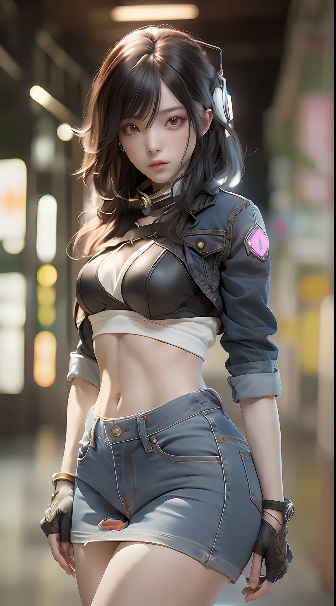 ((best qualtiy)), ((tmasterpiece)), (the detail:1.4), 3D, A beautiful cyberpunk female image,HDR（HighDynamicRange）,Ray traching,NVIDIA RTX,Super-Resolution,Unreal 5,Subsurface scattering、PBR Texture、post-proces、Anisotropy Filtering、depth of fields、maximum definition and sharpness、Many-Layer Textures、Albedo e mapas Speculares、Surface Coloring、Accurate simulation of light-material interactions、perfectly proportions、Octane Render、Two-colored light、largeaperture、Low ISO、White balance、the rule of thirds、8K RAW、Street photography，Denim skirt