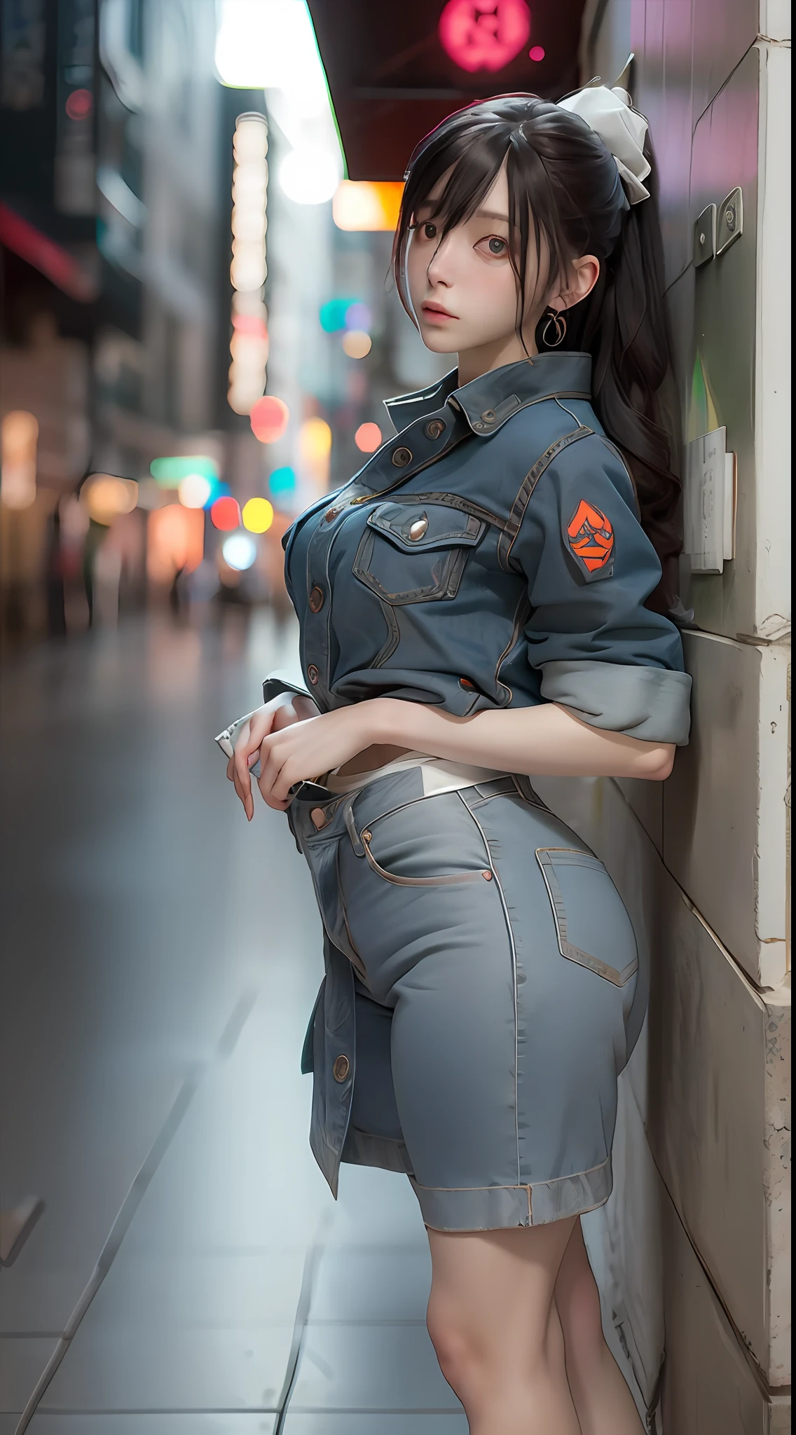 ((best qualtiy)), ((tmasterpiece)), (the detail:1.4), 3D, A beautiful cyberpunk female image,HDR(HighDynamicRange),Ray traching,NVIDIA RTX,Super-Resolution,Unreal 5,Subsurface scattering、PBR Texture、post-proces、Anisotropy Filtering、depth of fields、maximum definition and sharpness、Many-Layer Textures、Albedo e mapas Speculares、Surface Coloring、Accurate simulation of light-material interactions、perfectly proportions、Octane Render、Two-colored light、largeaperture、Low ISO、White balance、the rule of thirds、8K RAW、Street photography,Denim skirt