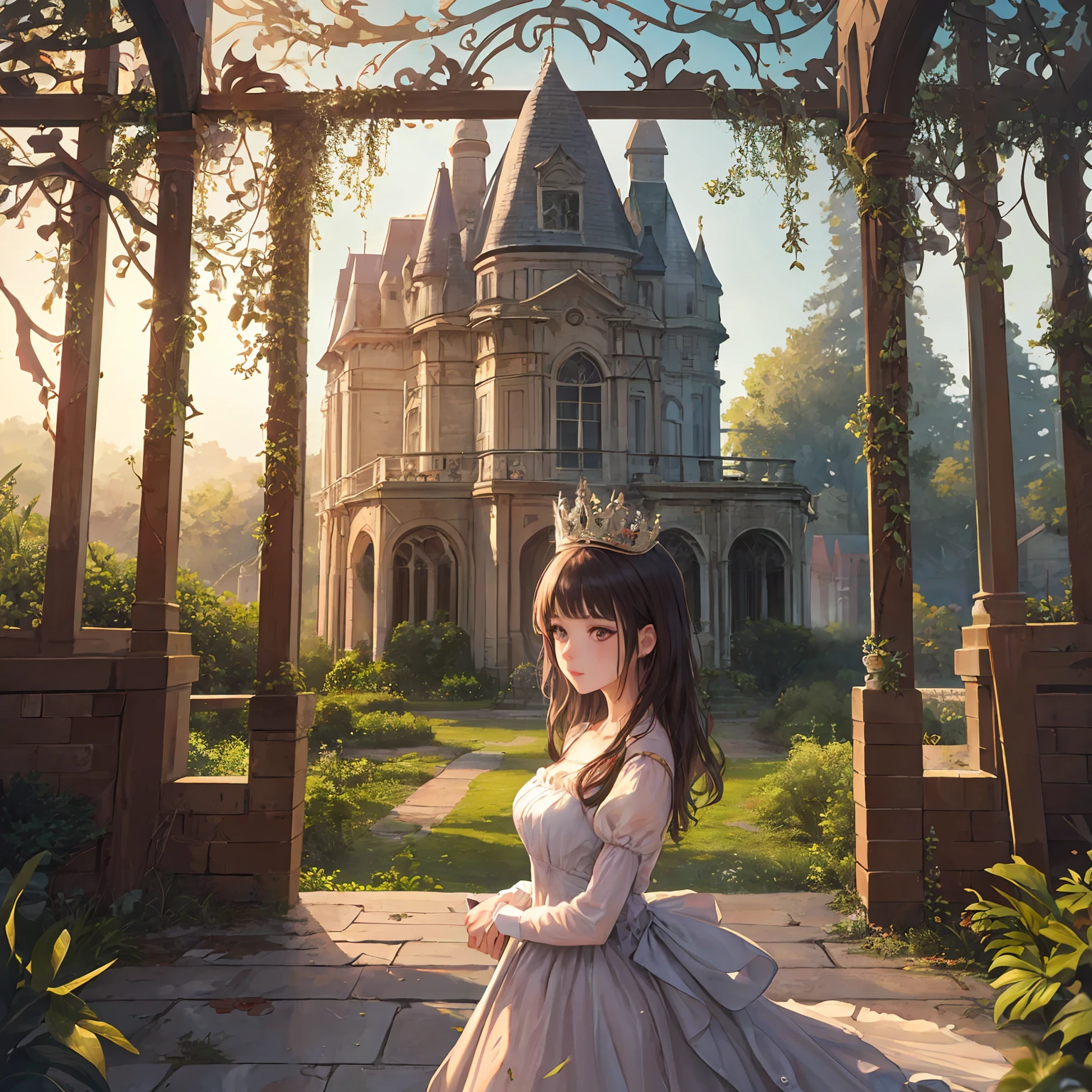 Old painting style, Abandoned overgrown castle mansion in the forest, Supersaturation, princess tower, gazebo, Balcony, Colorful, Highly detailed, high resolution, ray-traced reflection, Dramatic lighting, 8k vibrant colours, Detailed acrylic, intricate complexity, soft natural volumetric cinematic perfect light, Oil painting，Cute beautiful girl --auto