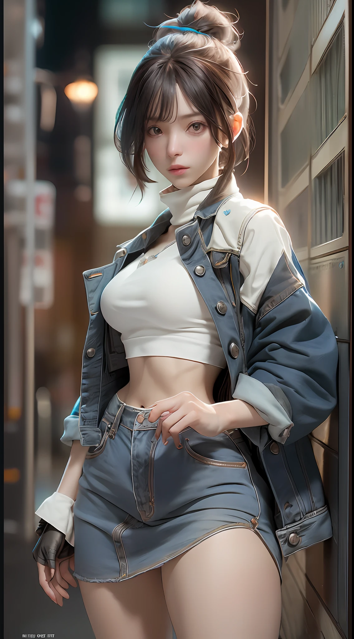 ((best qualtiy)), ((tmasterpiece)), (the detail:1.4), 3D, A beautiful cyberpunk female image,HDR(HighDynamicRange),Ray traching,NVIDIA RTX,Super-Resolution,Unreal 5,Subsurface scattering、PBR Texture、post-proces、Anisotropy Filtering、depth of fields、maximum definition and sharpness、Many-Layer Textures、Albedo e mapas Speculares、Surface Coloring、Accurate simulation of light-material interactions、perfectly proportions、Octane Render、Two-colored light、largeaperture、Low ISO、White balance、the rule of thirds、8K RAW、Street photography,Denim skirt
