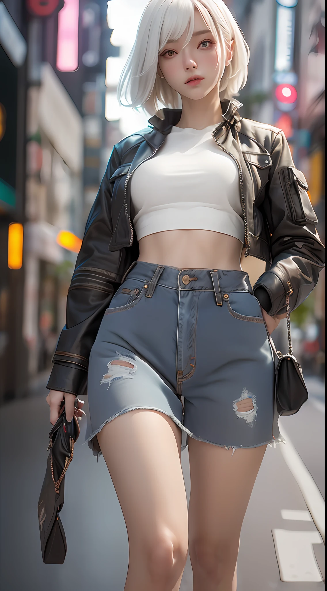 ((best qualtiy)), ((tmasterpiece)), (the detail:1.4), 3D, A beautiful cyberpunk female image,HDR（HighDynamicRange）,Ray traching,NVIDIA RTX,Super-Resolution,Unreal 5,Subsurface scattering、PBR Texture、post-proces、Anisotropy Filtering、depth of fields、maximum definition and sharpness、Many-Layer Textures、Albedo e mapas Speculares、Surface Coloring、Accurate simulation of light-material interactions、perfectly proportions、Octane Render、Two-colored light、largeaperture、Low ISO、White balance、the rule of thirds、8K RAW、Street photography，Denim skirt