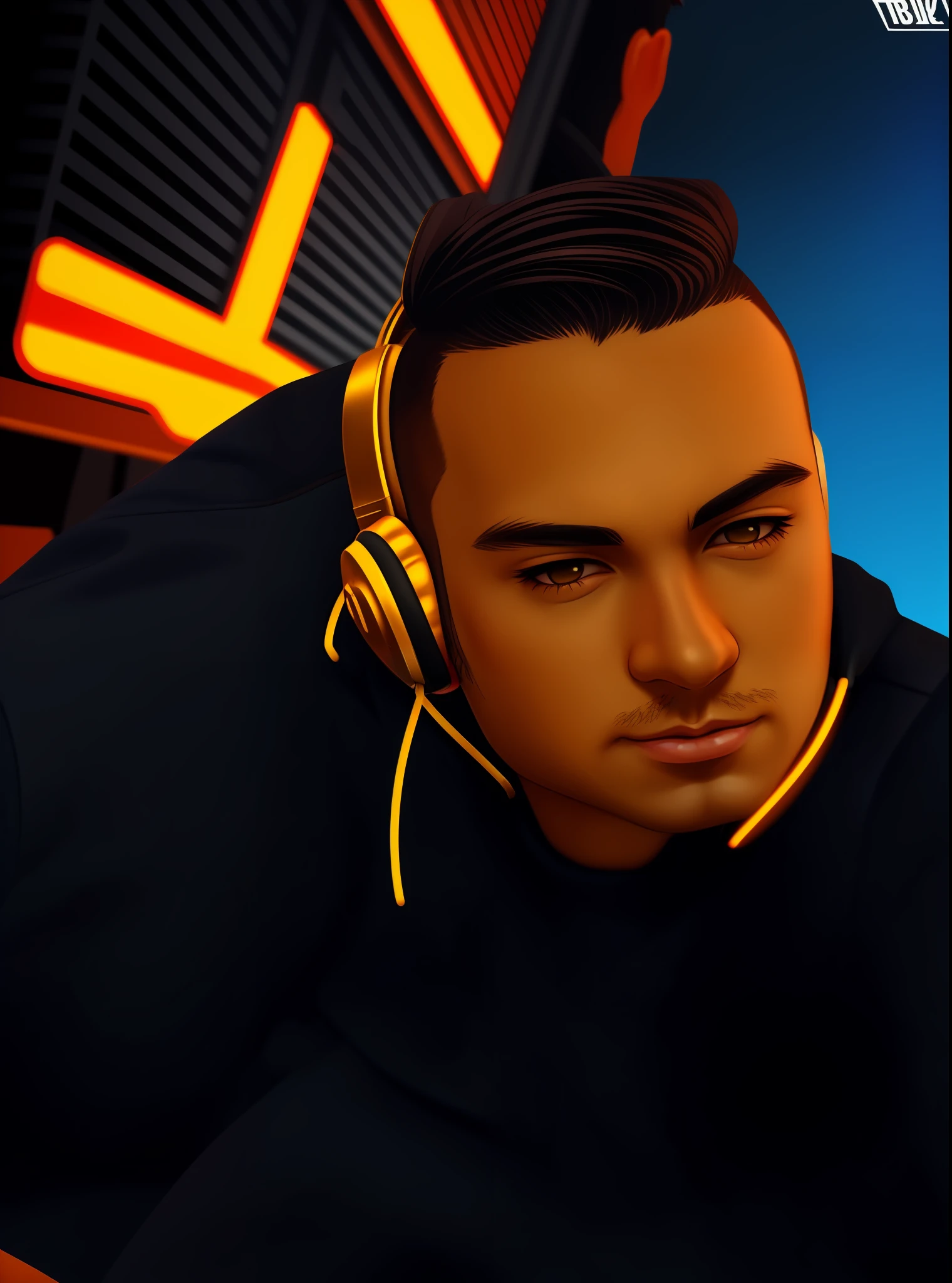 Retrowave cool boy with headset character design,sticker,Full body shot ,anime style, Trigger Studio style, manga art, comics, inking, graffiti art, graphic, neon colors, golden ratio composition, design for tshirt,8k