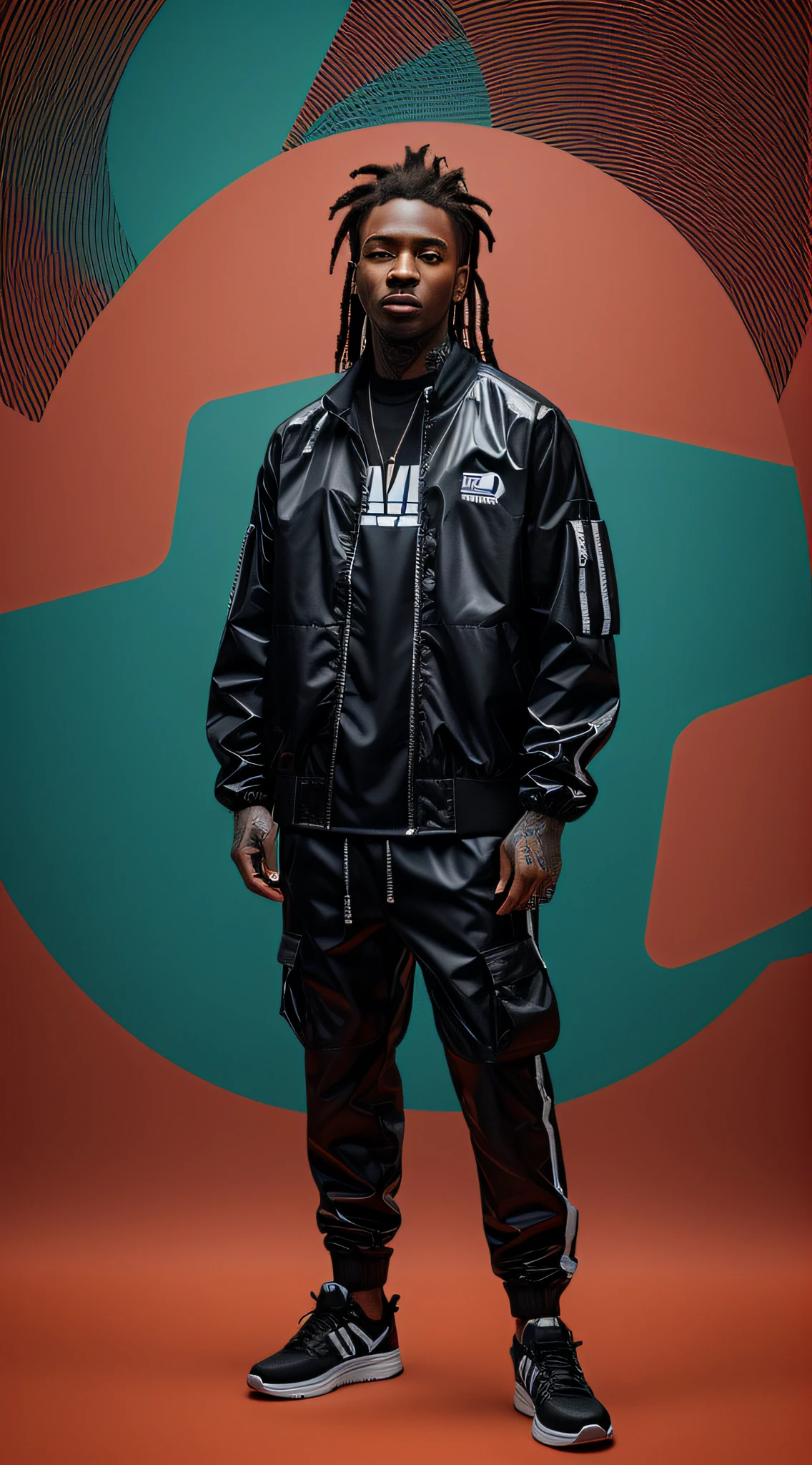 1rapper with plastic reflective techwear jacket and tatical clothes, dread hair, tattoos, circles and lines texture background, abstract
