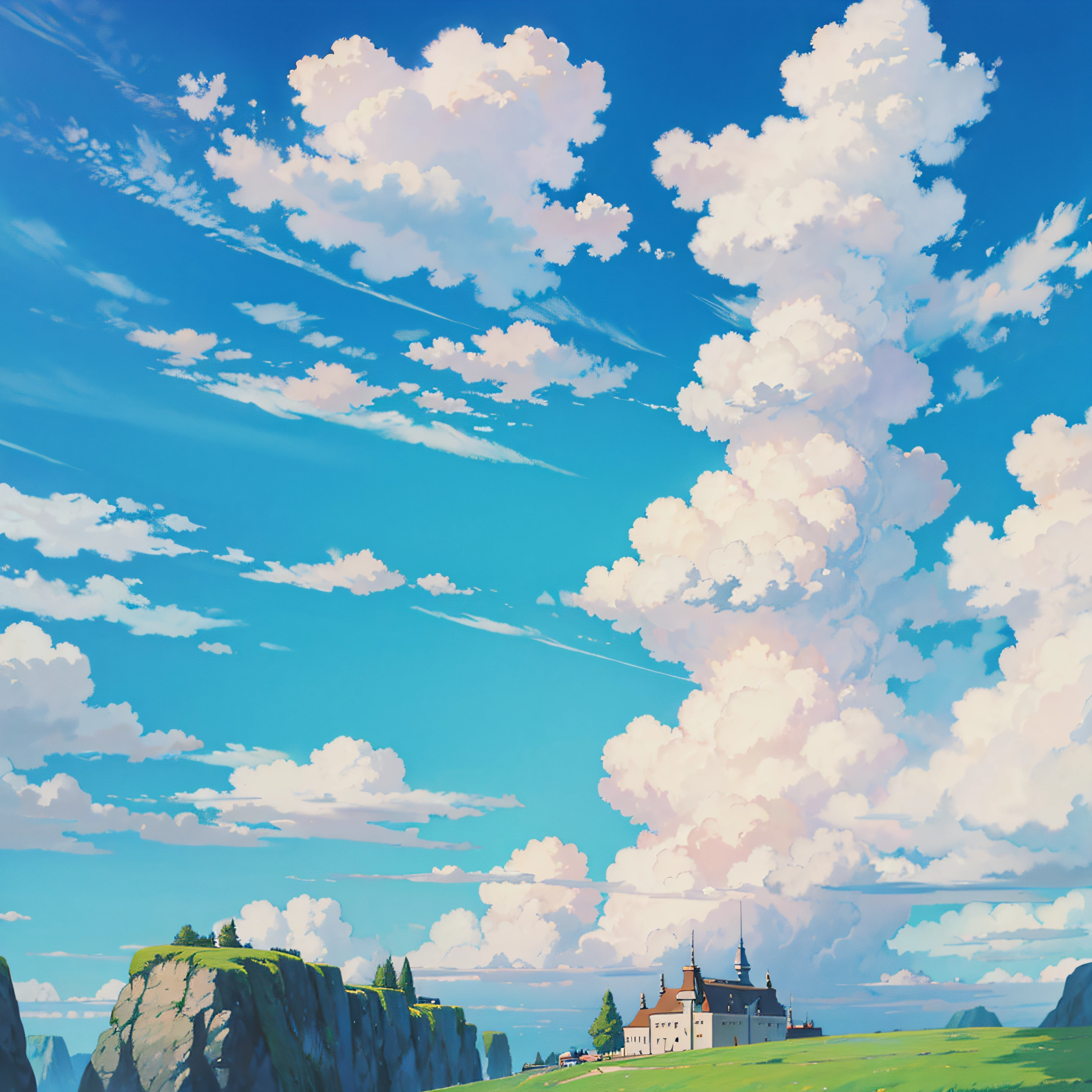 animesque、Skyscape with clouds、You can see the touch of the cloud brush、Studio Ghibli、Ghibli、Scenery、Style、 --auto