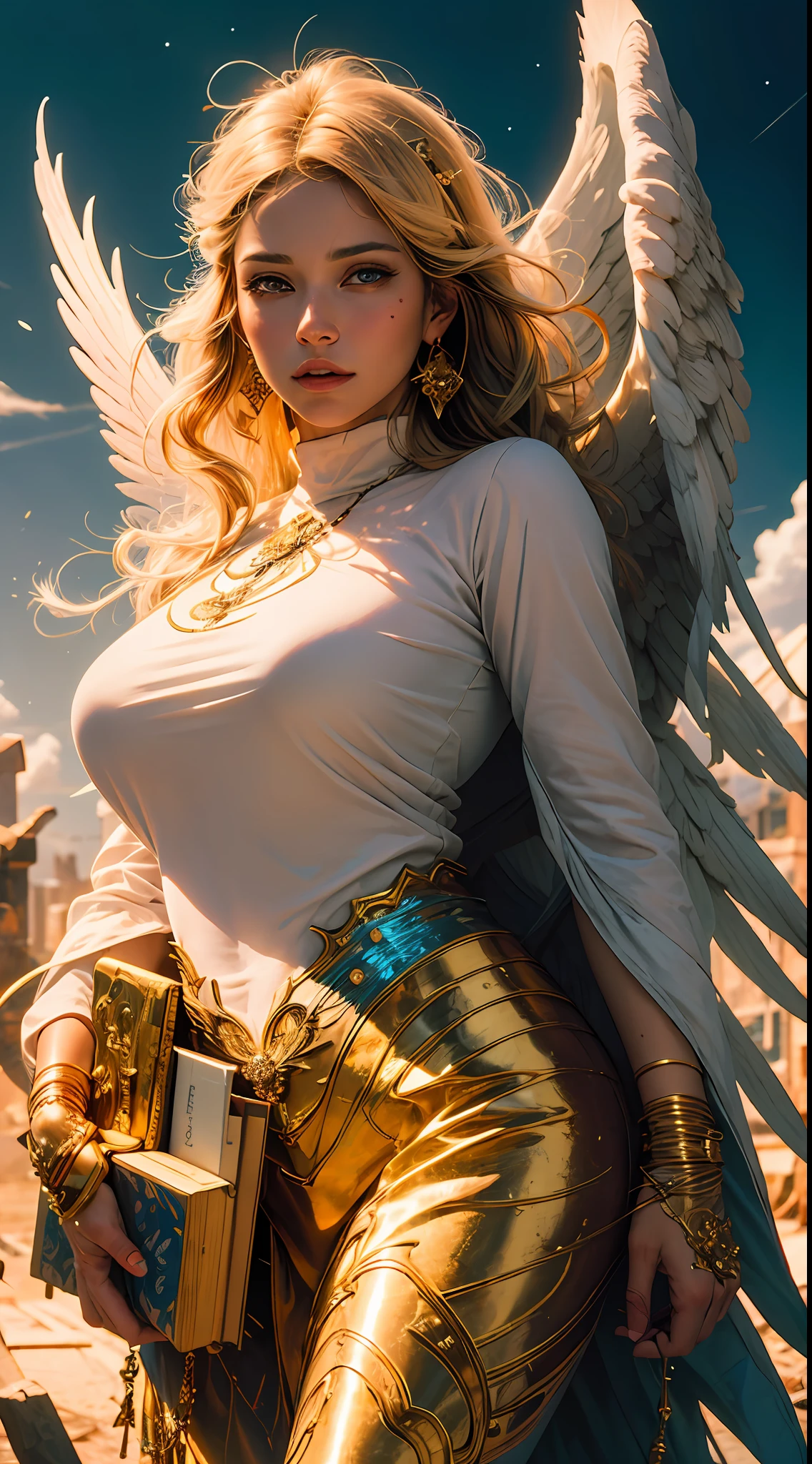 ((masterpiece, best quality;1.3)), ultra detailed, 8k unity wallpapers, CG, illustration, colorful, cinematic shadow, extremely detailed and beautiful background,vhd, shadering VRay,RTX,(realistic:1.5),1girl, solo, blonde hair, angel halo, white glowing skin, highly detailed beautiful face, beautiful face, angelic, golden colored detailed angel costume, glowing, glowing light, angel woman holding big book, looking at the sky, wings angel, feathers