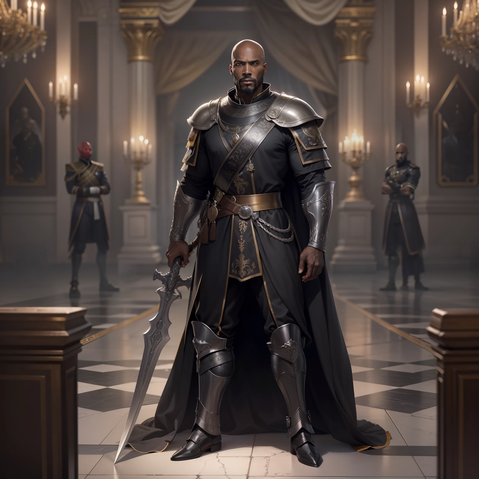 realistic image of a bald black man, 40 years old, tall and strong, ultra-detailed black eyes, evaluative expression, dressed in black rpg warrior costume and with silver shoulder pads, standing on a fighting guard in a royal palace hall