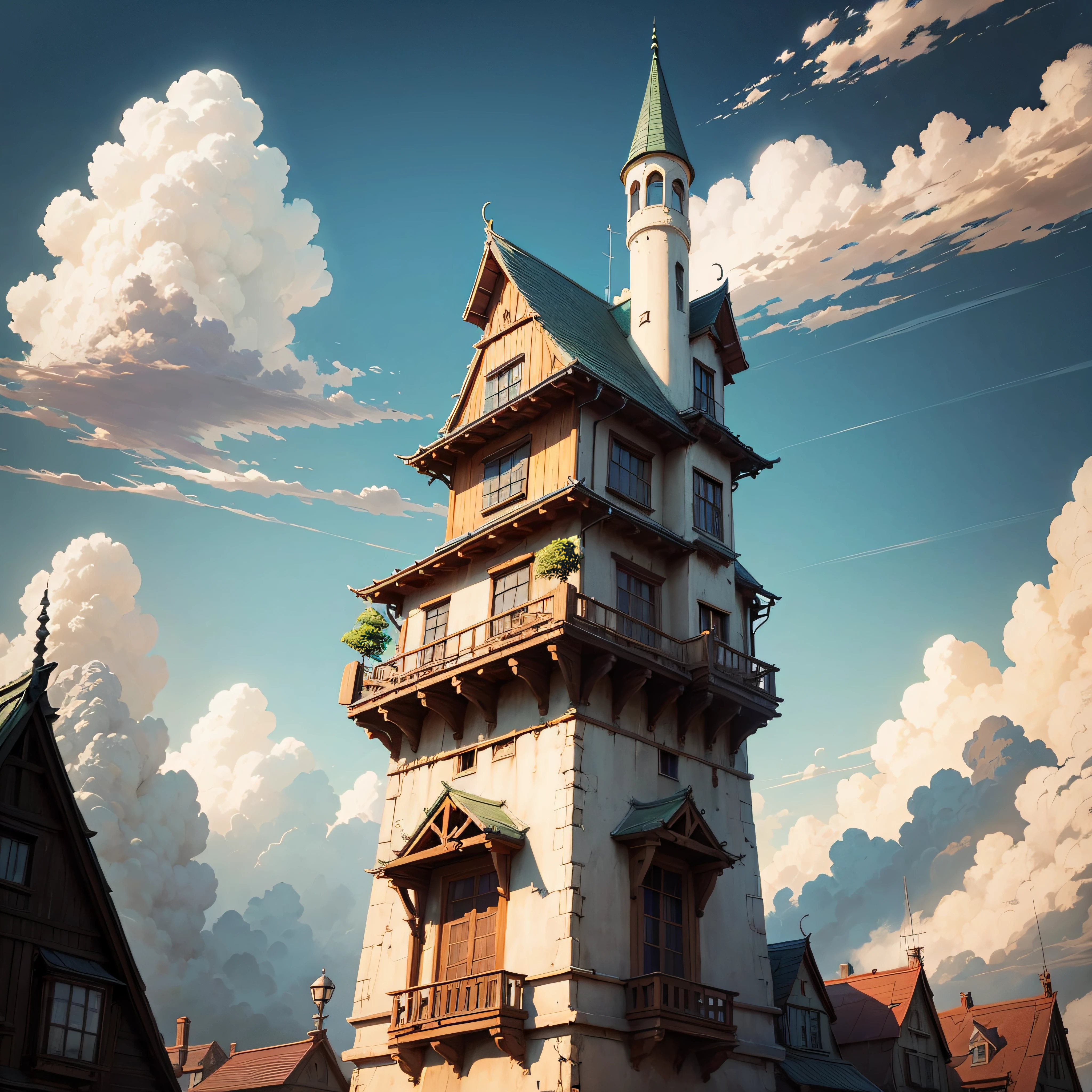 animesque、Skyscape with clouds、Complexly shaped clouds、Brush touch、Studio Ghibli、Ghibli、Scenery、Style、Art styles --auto