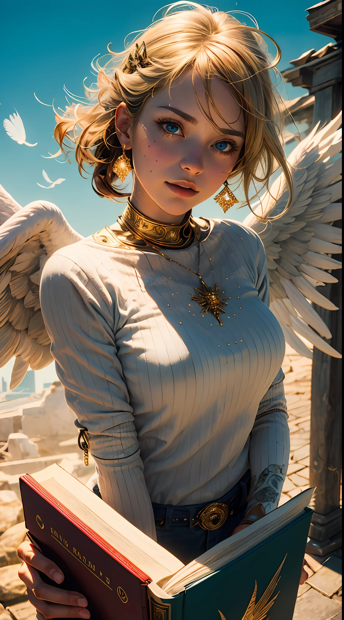 ((masterpiece, best quality;1.3)), ultra detailed, 8k unity wallpapers, CG, illustration, colorful, cinematic shadow, extremely detailed and beautiful background,vhd, shadering VRay,RTX,(realistic:1.5),1girl, solo, blonde hair, angel halo, white glowing skin, highly detailed beautiful face, beautiful face, angelic, golden colored detailed angel costume, glowing, glowing light, angel woman holding big book, looking at the sky, wings angel, feathers