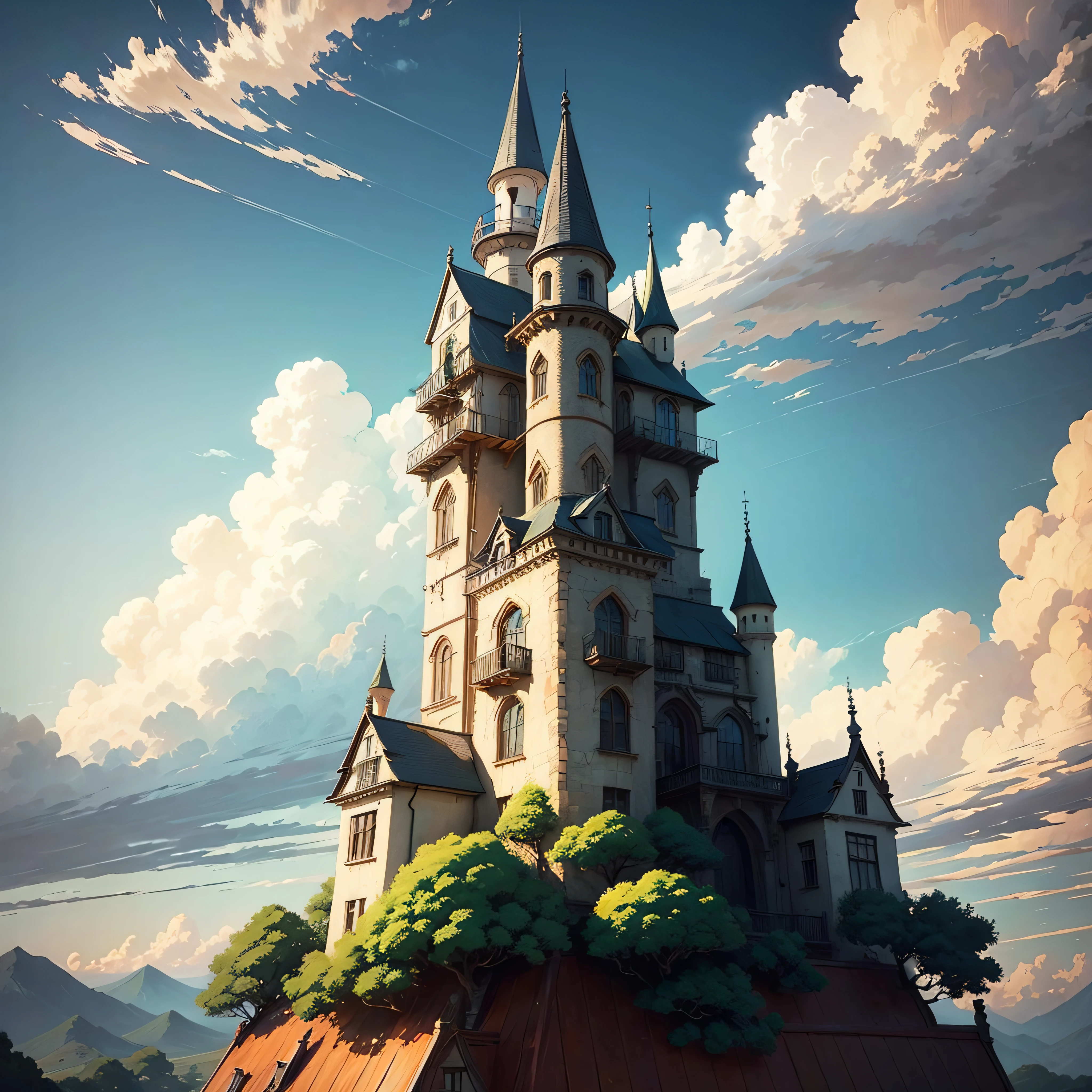 animesque、Skyscape with clouds、Complexly shaped clouds、Brush touch、Studio Ghibli、Ghibli、Scenery、Style、Art styles --auto