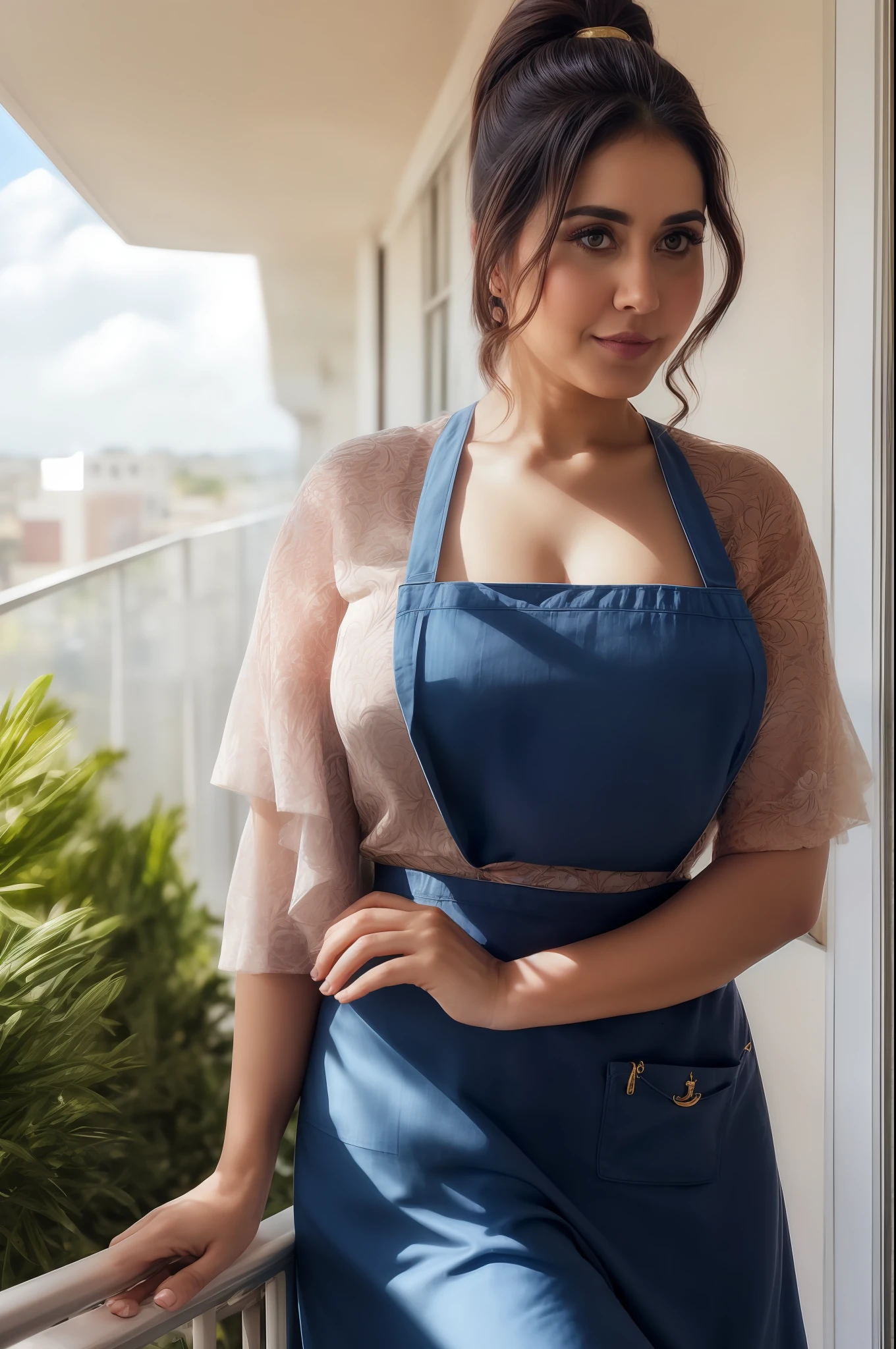 day scene, close up photo of latina, posing at balcony, wearing apron, massive cleavage show, massive breasts, chubby cheeks, seductive face, looking at viewer and seduce, ponytail hair, cute mature face, 35 yo, soft volumetric lights, (backlit:1.3), (cinematic:1.3), intricate details, (ArtStation:1.2)