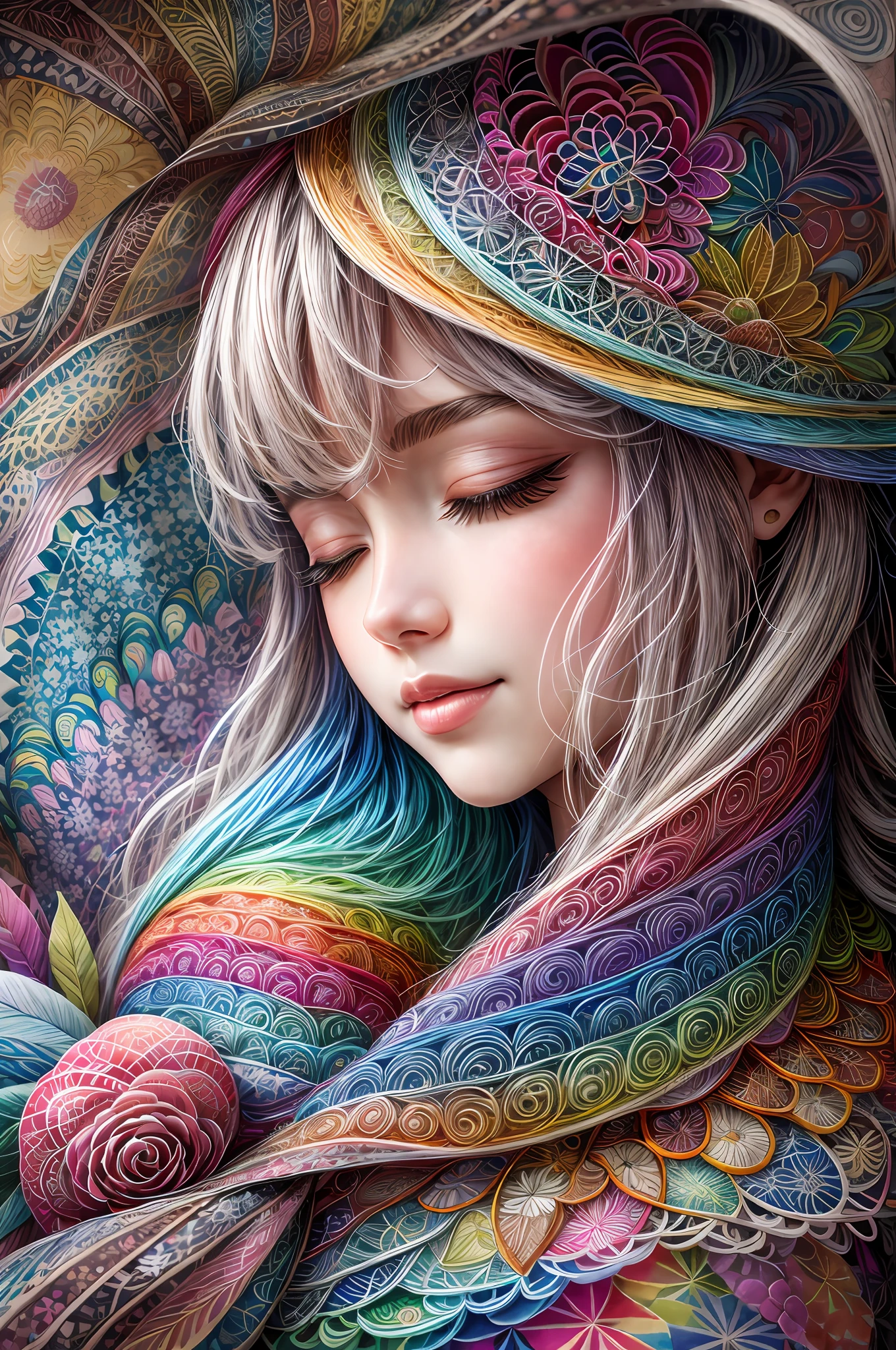 Rainbow Colors theme，paper art，Masterpiece，3Drenderingof，extremely detaile, in the winter，1girll, closing her eyes，ssmile，cabelos preto e longos，plum blossom, (zentangle:1.2), (geomerty:1.2)，Cinematic lighting effects，4K