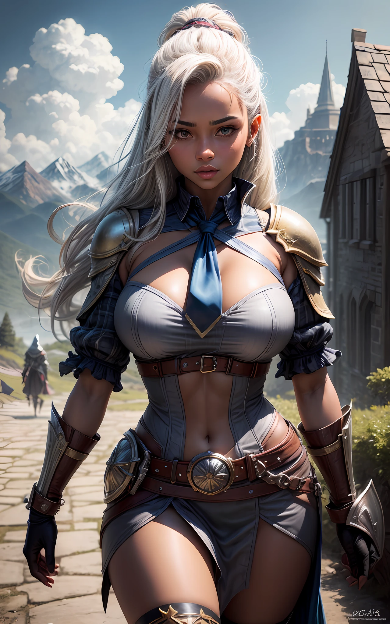 Masterpiece, high quality, high resolution, HDR, volumeteric lighting, dynamic lighting, subsurface scattering, beautiful 18 year old woman, dark skin, platinum hair, black blouse, unbuttoned, blue necktie, grey plaid skirt, large breasts, pauldrons, greaves, gauntlets, gilded, fantasy setting, outdoors, mountains in background, flowers, clouds, huge castles in the clouds, flying ships, action pose, 24mm shot