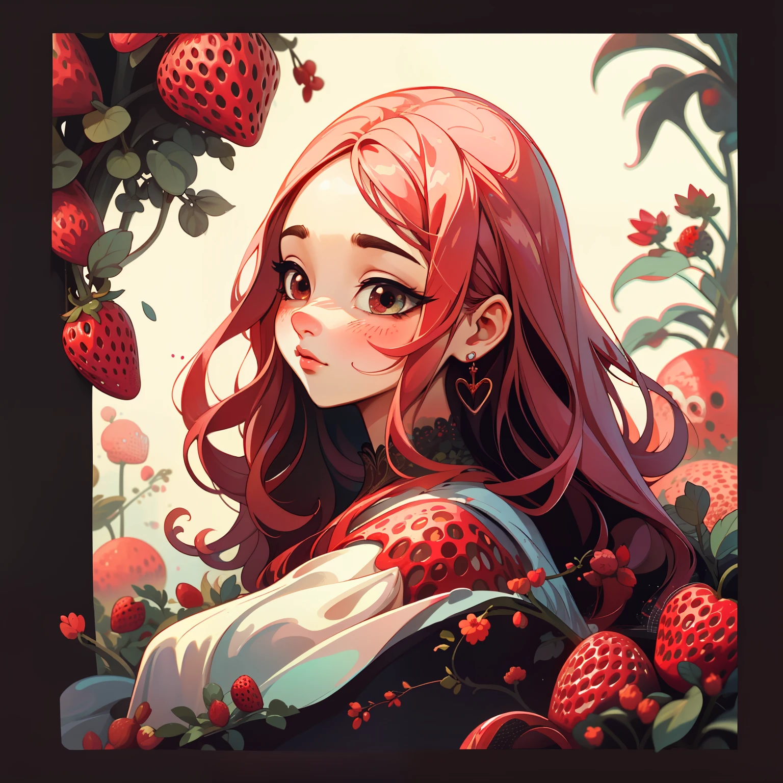 adesivo,1girl, fundo simples, retrato, girl with long hair, beautiful strawberry girl, strawberry aesthetic, beautiful girl, very beautiful fantasy art, beautiful and elegant female girl, beautiful detailed fantasy, red and pink color palate, red color-theme