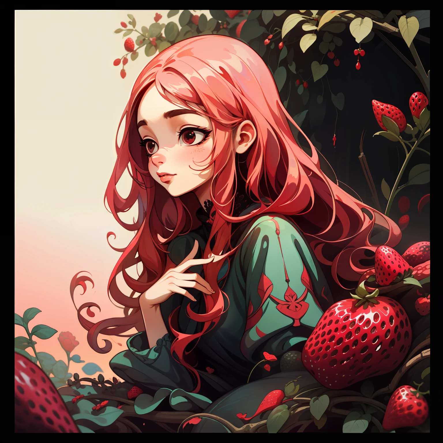 adesivo,1girl, fundo simples, retrato, girl with long hair, beautiful strawberry girl, strawberry aesthetic, beautiful girl, very beautiful fantasy art, beautiful and elegant female girl, beautiful detailed fantasy, red and pink color palate, red color-theme