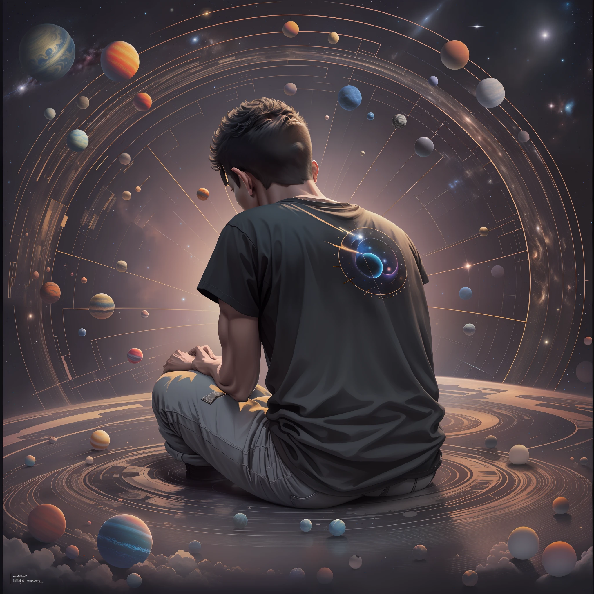 Round print of black T-shirt, Honem kneeling in the universe looking up between the planets