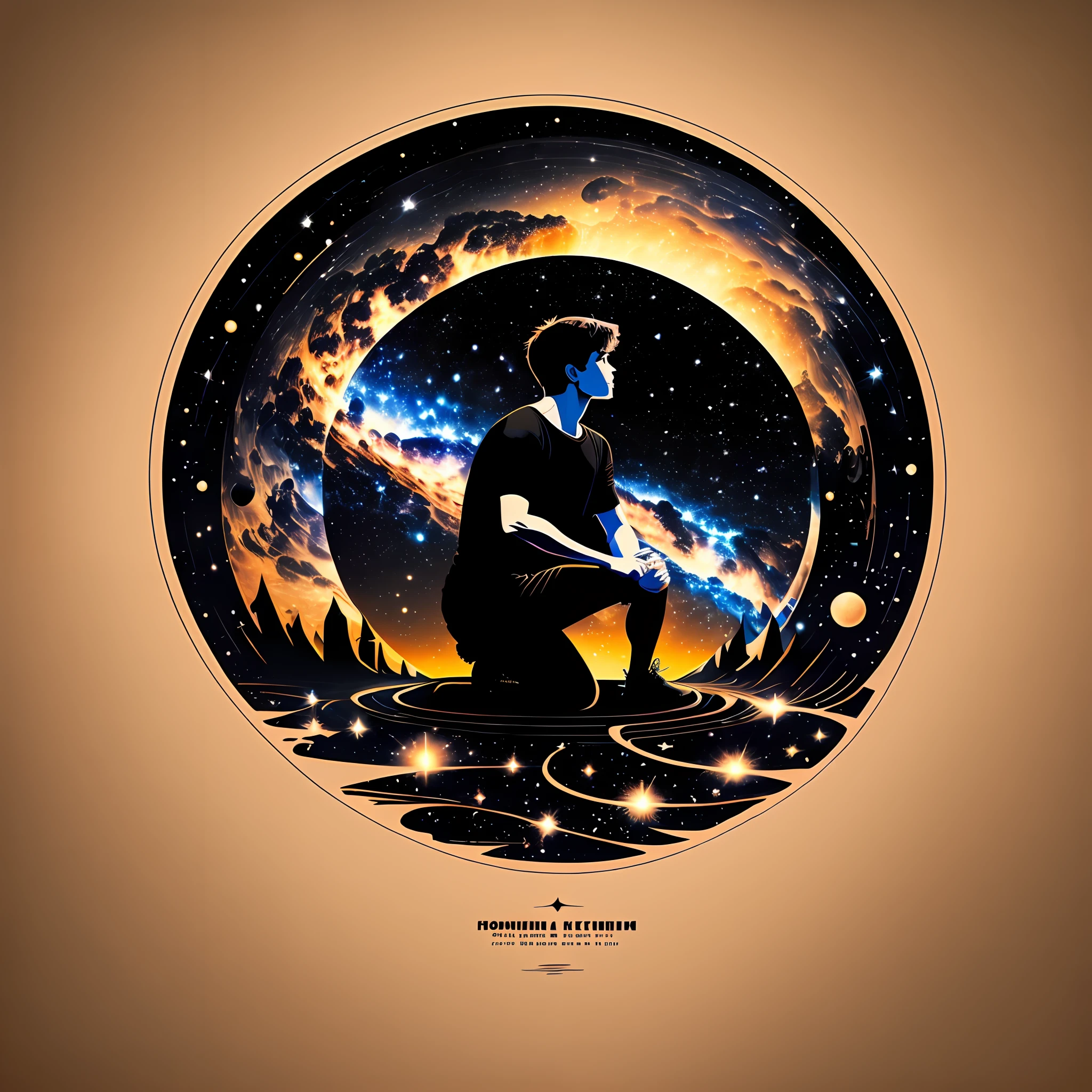 Round print of black T-shirt, Honem kneeling in the universe looking up between the planets --auto