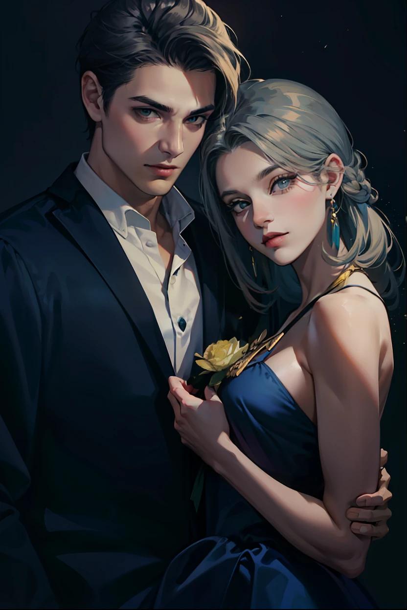 Mostra-se um homem e uma mulher, with height difference, majo, 27 anos, terno azul com branca, black pant, Rear head, majo, tall appearance, ponte de nariz alto, olhos grandes, 二重まぶた, alto, loiro, olhos verdes, symmetric eyes, olhando para a ,, uma mulher vestindo um vestido azul claro, longos cabelos castanhos, symmetric eyes, olhos grandes,  olhos negros, there is a height difference