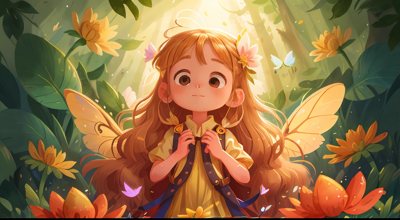 Prominently featured in the center of the image is an adorable fairy with shimmering wings, named Lumi. Her golden hair glimmers softly in the sunlight, and she floats gracefully, dressed in a gown made of flower petals. Her eyes shine with curiosity and kindness as she extends her hand towards the boy, inviting him into her magical world.