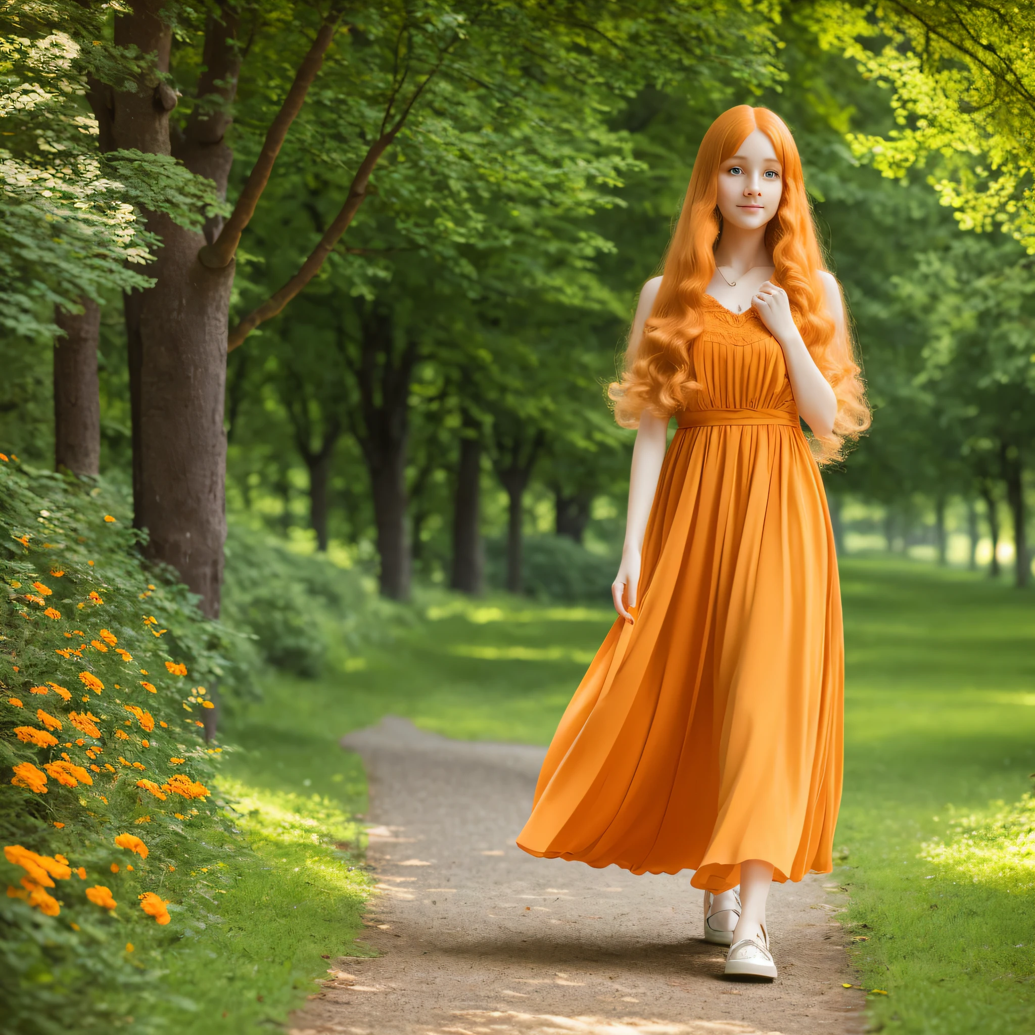 Young, walking, fluffy long orange hair, green eyes, orange dress, beautiful, perfect model, detailed green park, nature day scene, peaceful, spice of life, masterpiece, best quality, soft focus, ultra detailed textures and pixels, trending on facebook, high quality, by a-1 pictures studio, 8k perfect ultra detailed anime photo by professional artists lw